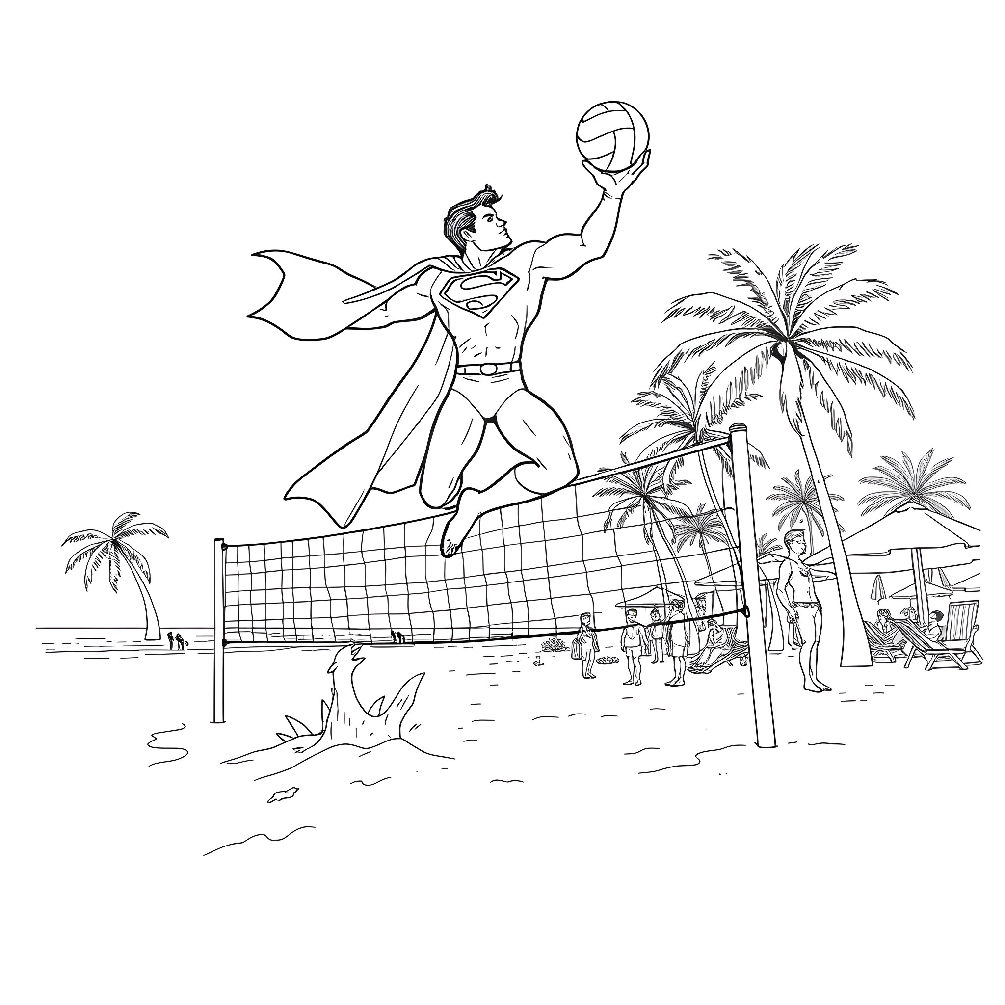 Superman playing volleyball on a tropical beach Coloring Page (free black-and-white line drawing printable PDF for all, from beginners to advanced learners, including children, teens, adults, and seniors)