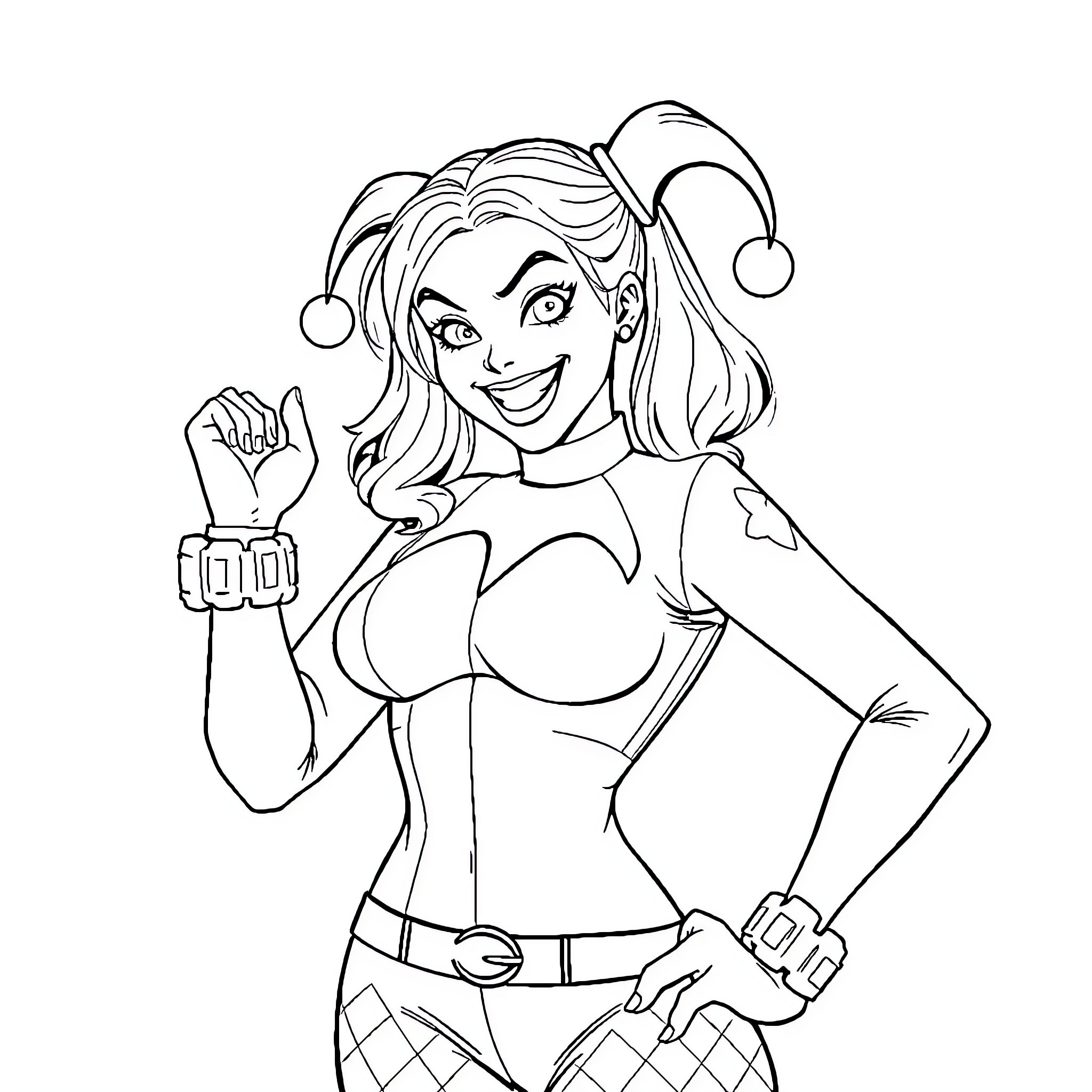 Harley Quinn striking a playful pose Coloring Page (free black-and-white line drawing printable PDF for all, from beginners to advanced learners, including children, teens, adults, and seniors)
