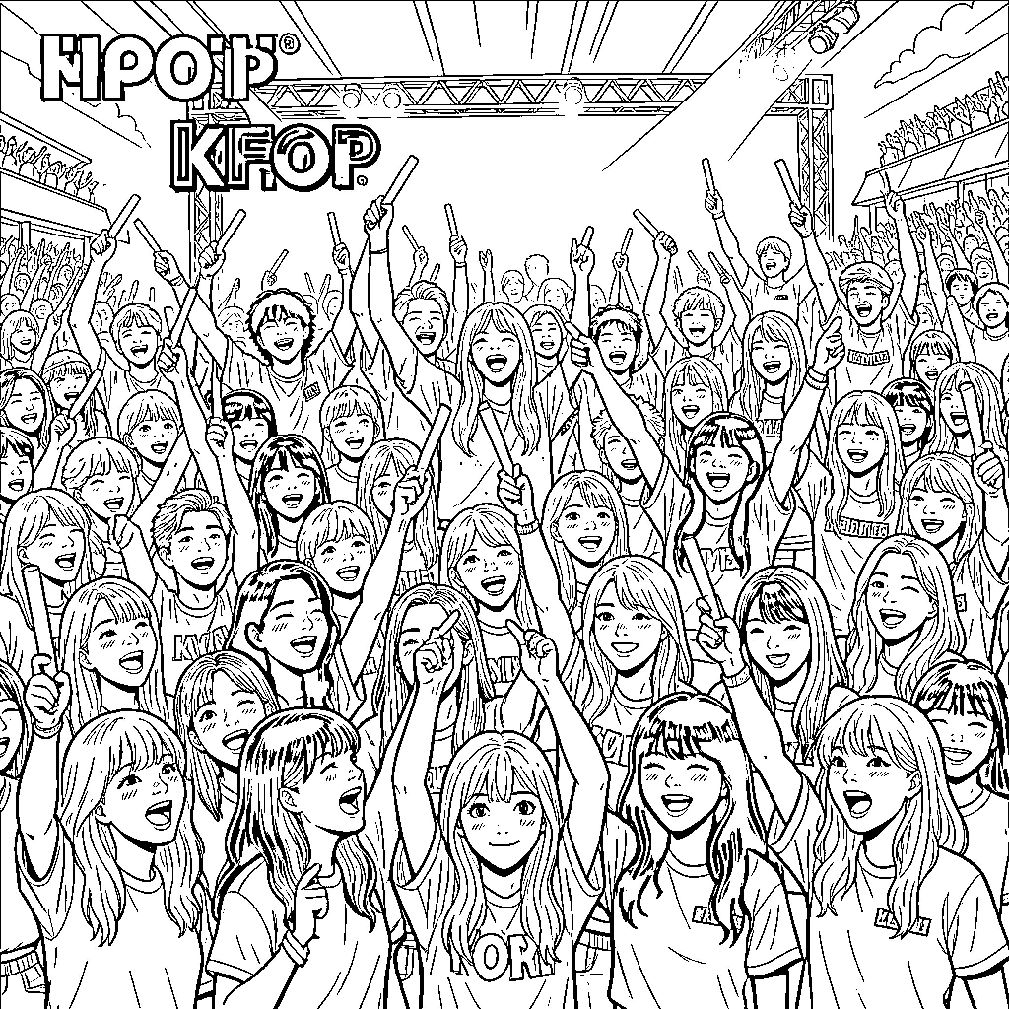 Kpop fans cheering enthusiastically with lightsticks at a concert Coloring Page (free black-and-white line drawing printable PDF for all, from beginners to advanced learners, including children, teens, adults, and seniors)