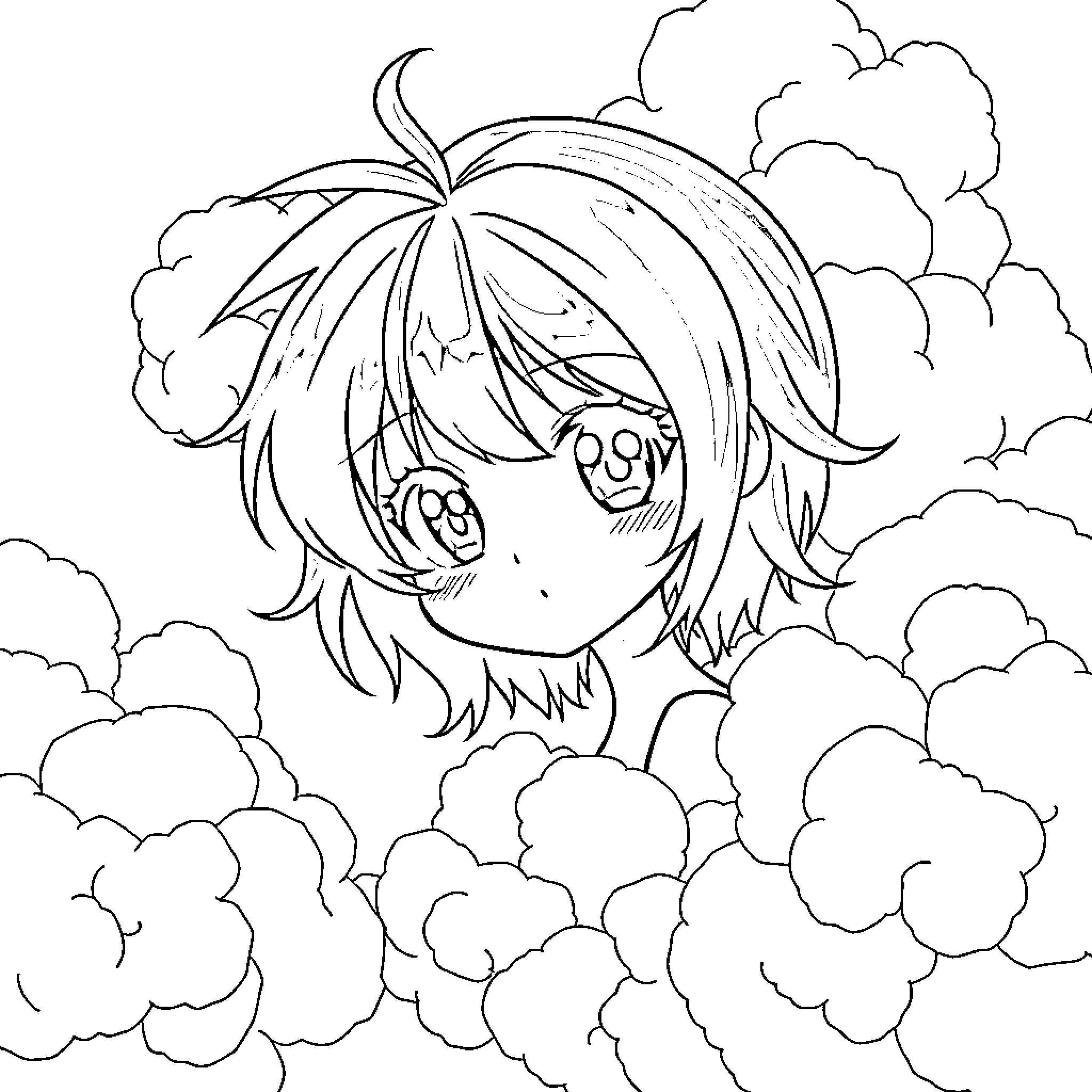 Anime Character surrounded by clouds Coloring Page (free black-and-white line drawing printable PDF for all, from beginners to advanced learners, including children, teens, adults, and seniors)