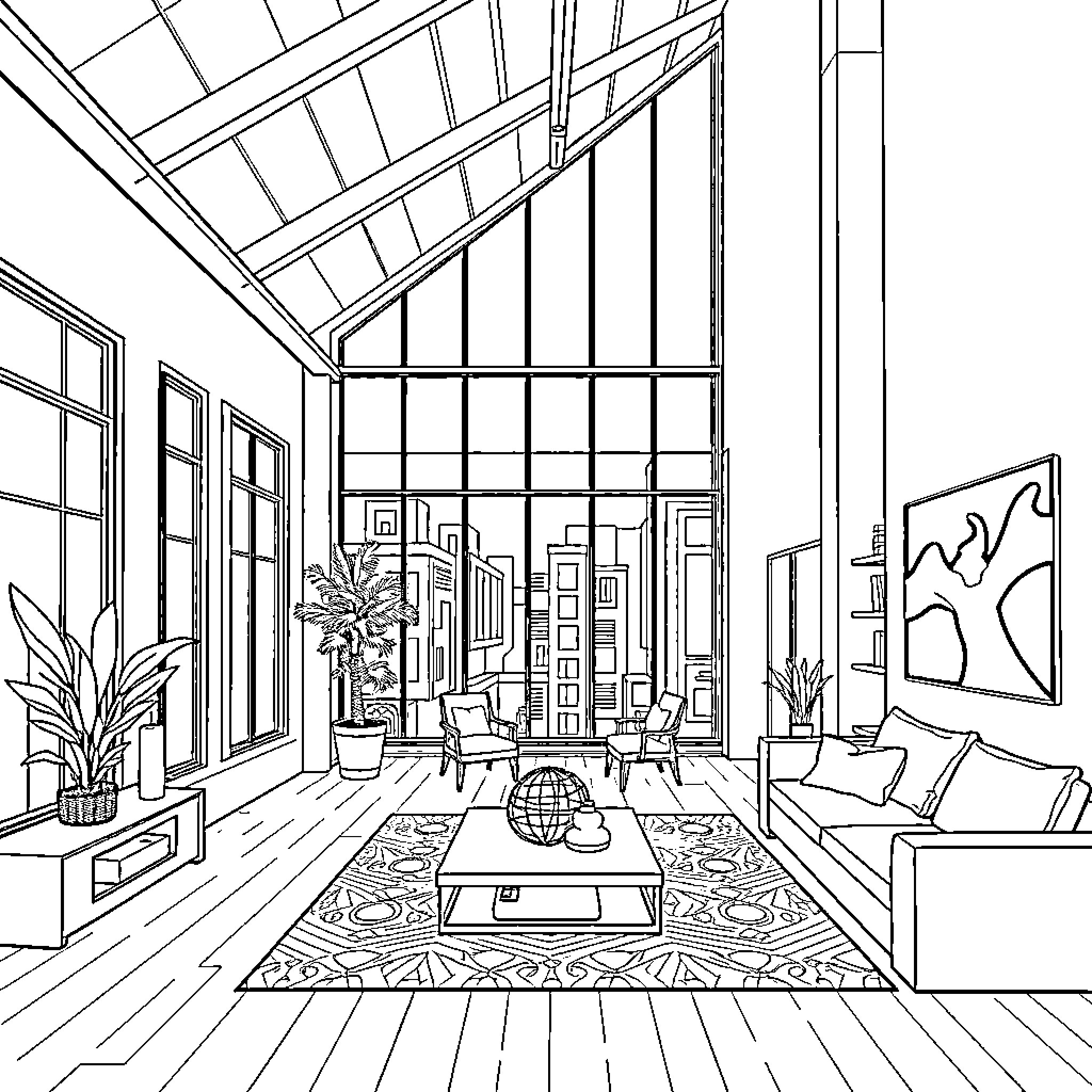 Apartment with Artistic Interior Design Coloring Page (free black-and-white line drawing printable PDF for all, from beginners to advanced learners, including children, teens, adults, and seniors)