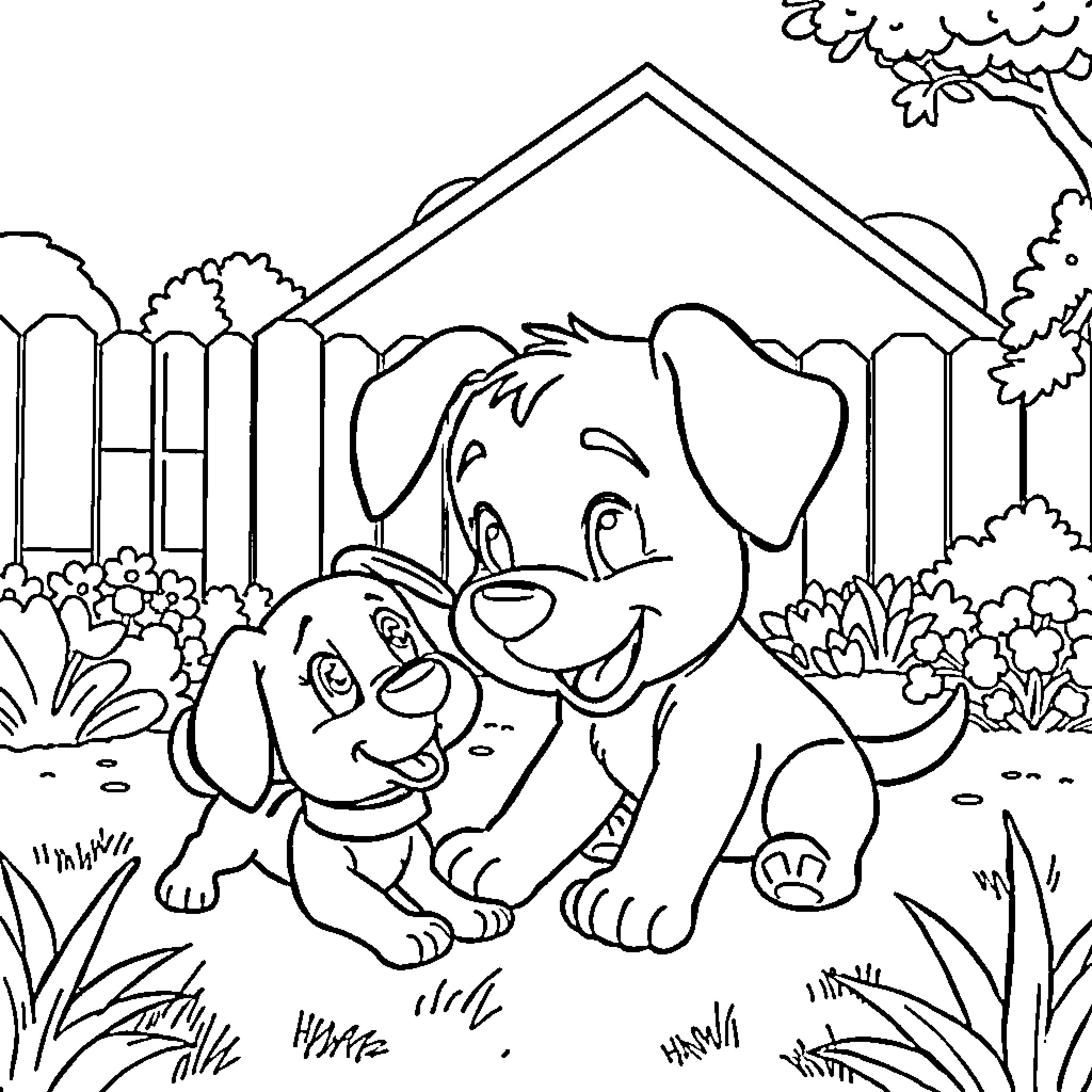 Bluey's playful day with puppy in the backyard Coloring Page (free black-and-white line drawing printable PDF for all, from beginners to advanced learners, including children, teens, adults, and seniors)