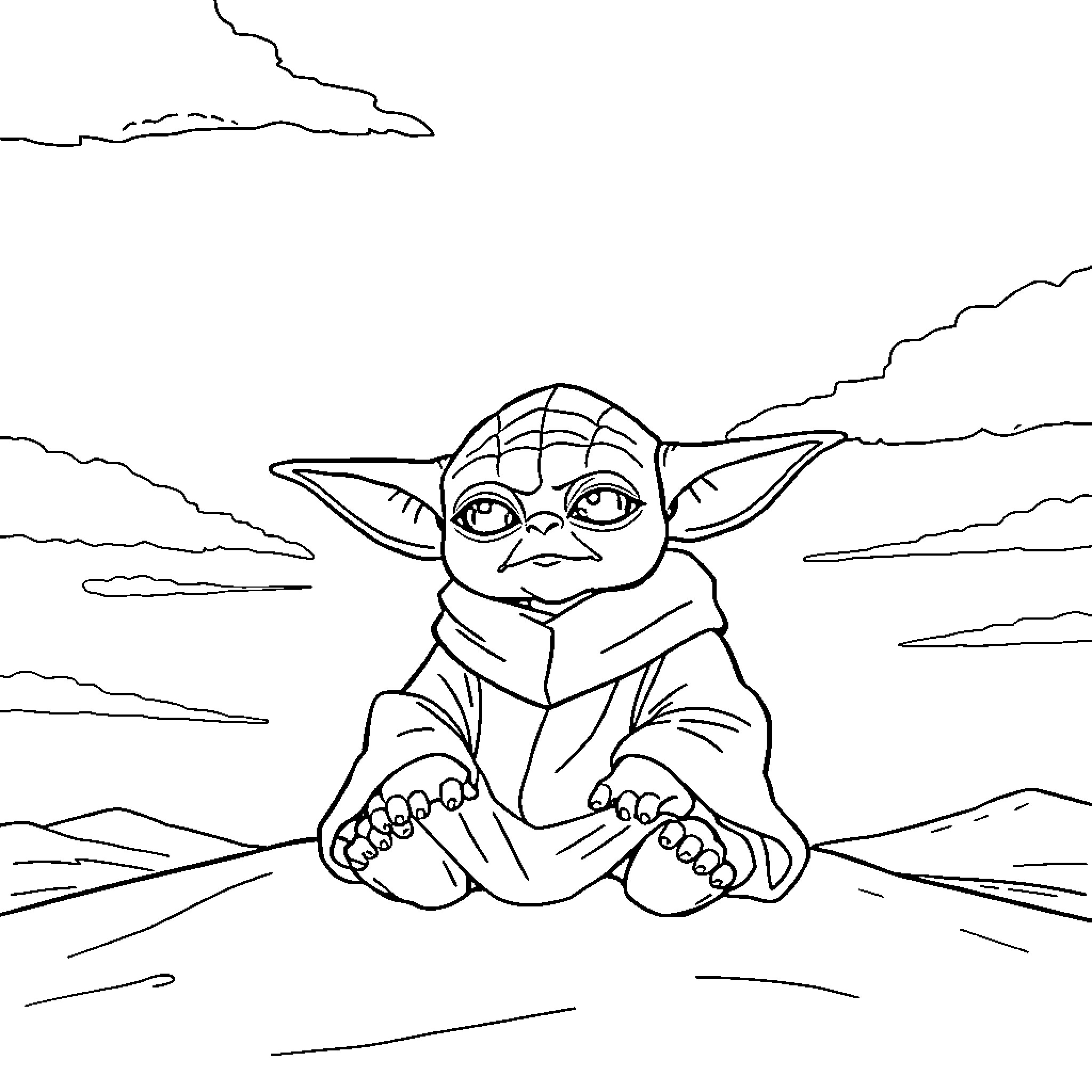 Yoda sitting contemplatively in the landscape Coloring Page (free black-and-white line drawing printable PDF for all, from beginners to advanced learners, including children, teens, adults, and seniors)