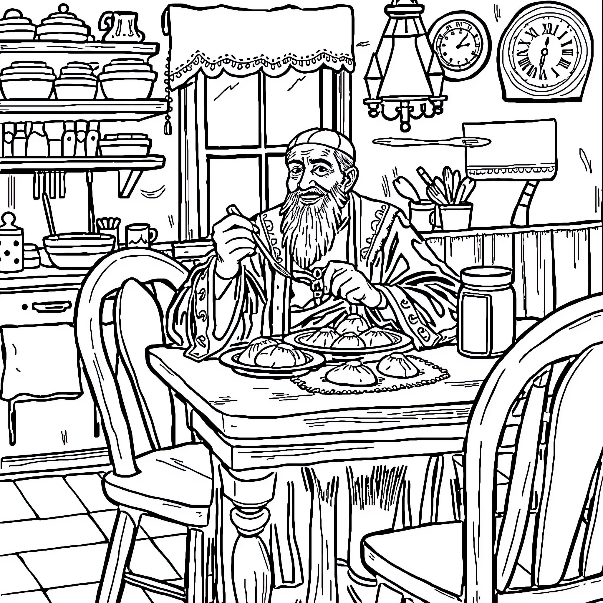 Papa Emeritus enjoying a hearty meal in his cozy kitchen Coloring Page (free black-and-white line drawing printable PDF for all, from beginners to advanced learners, including children, teens, adults, and seniors)