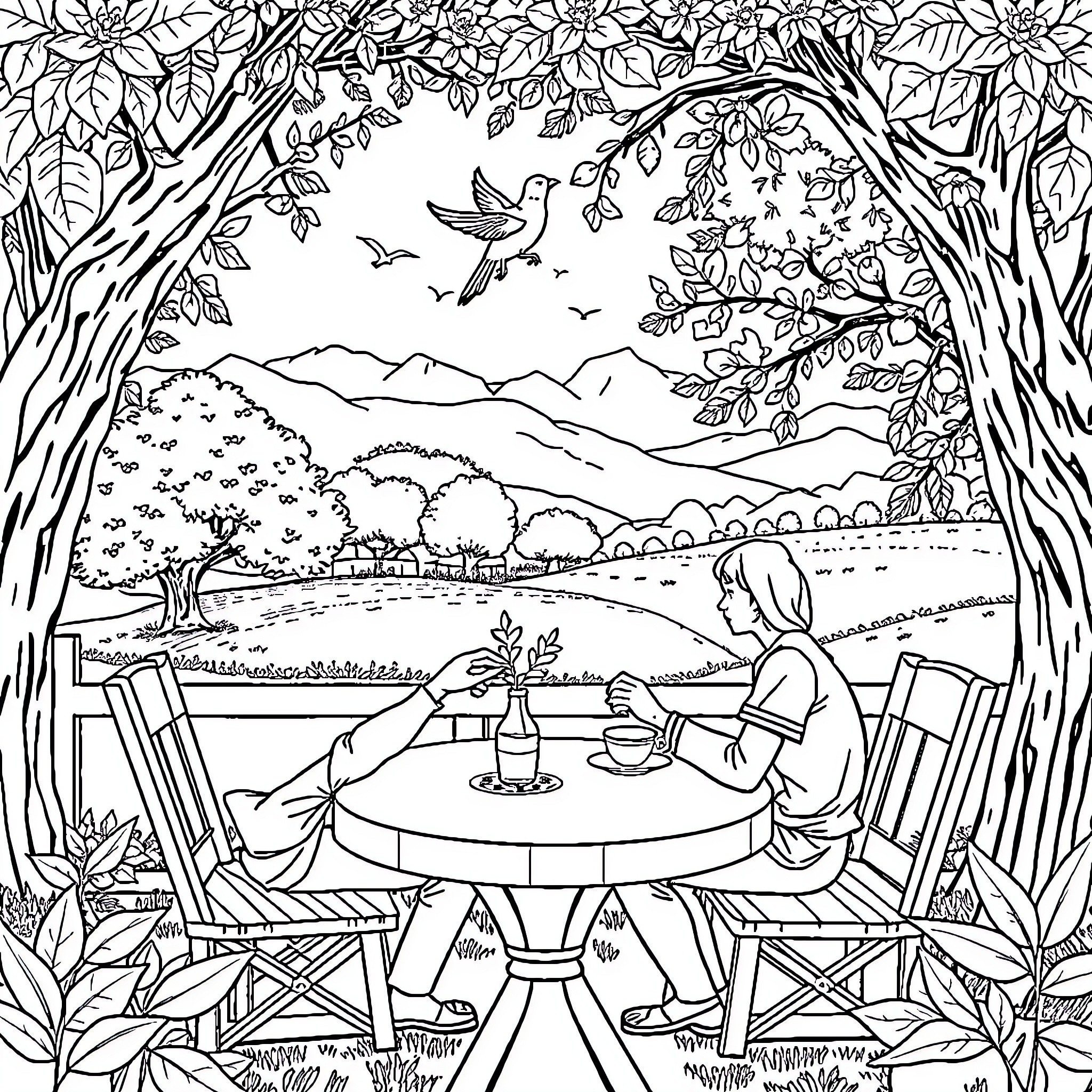 Coffee in a Serene Garden Retreat Coloring Page (free black-and-white line drawing printable PDF for all, from beginners to advanced learners, including children, teens, adults, and seniors)