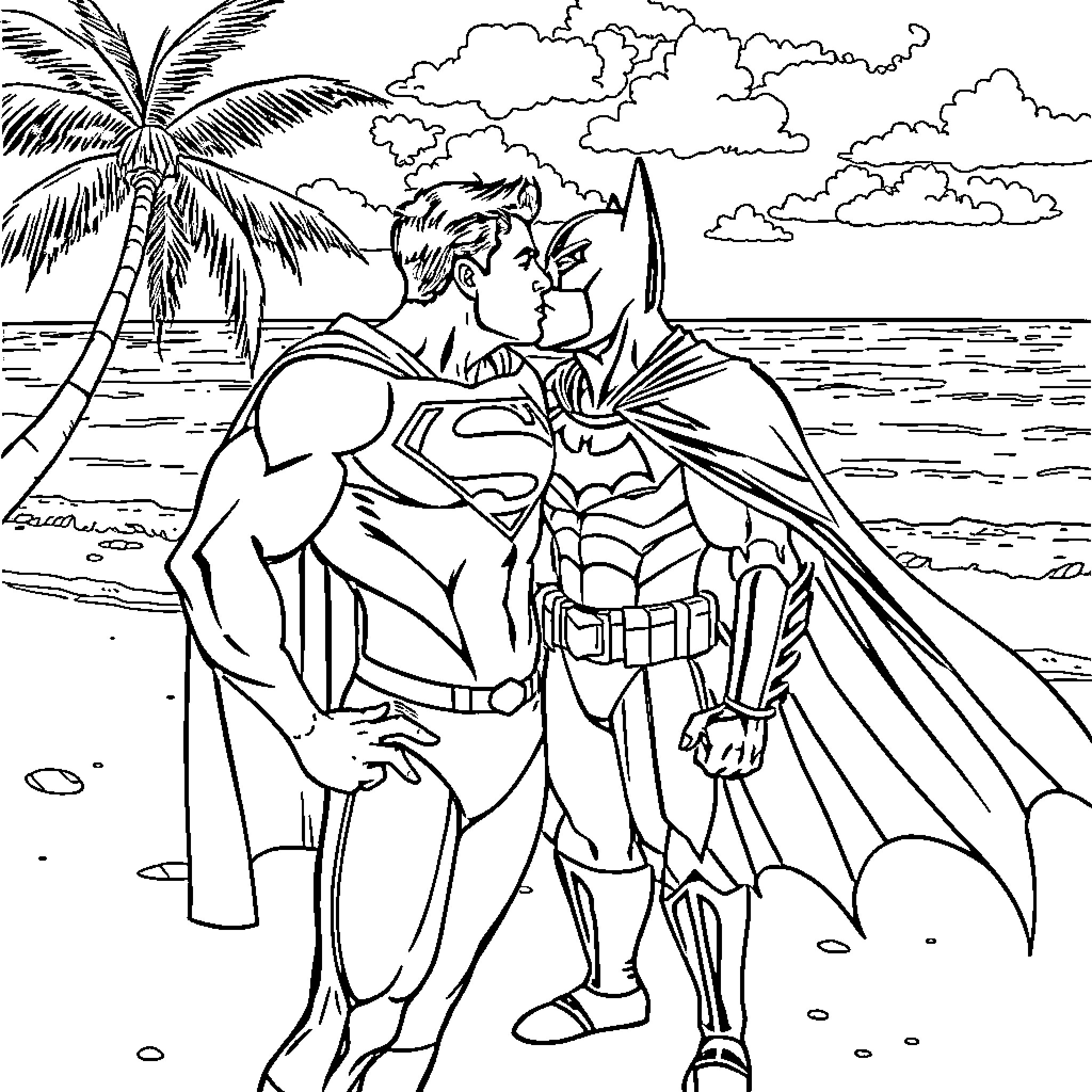 Superman and Batman heroic embrace on the beach Coloring Page (free black-and-white line drawing printable PDF for all, from beginners to advanced learners, including children, teens, adults, and seniors)