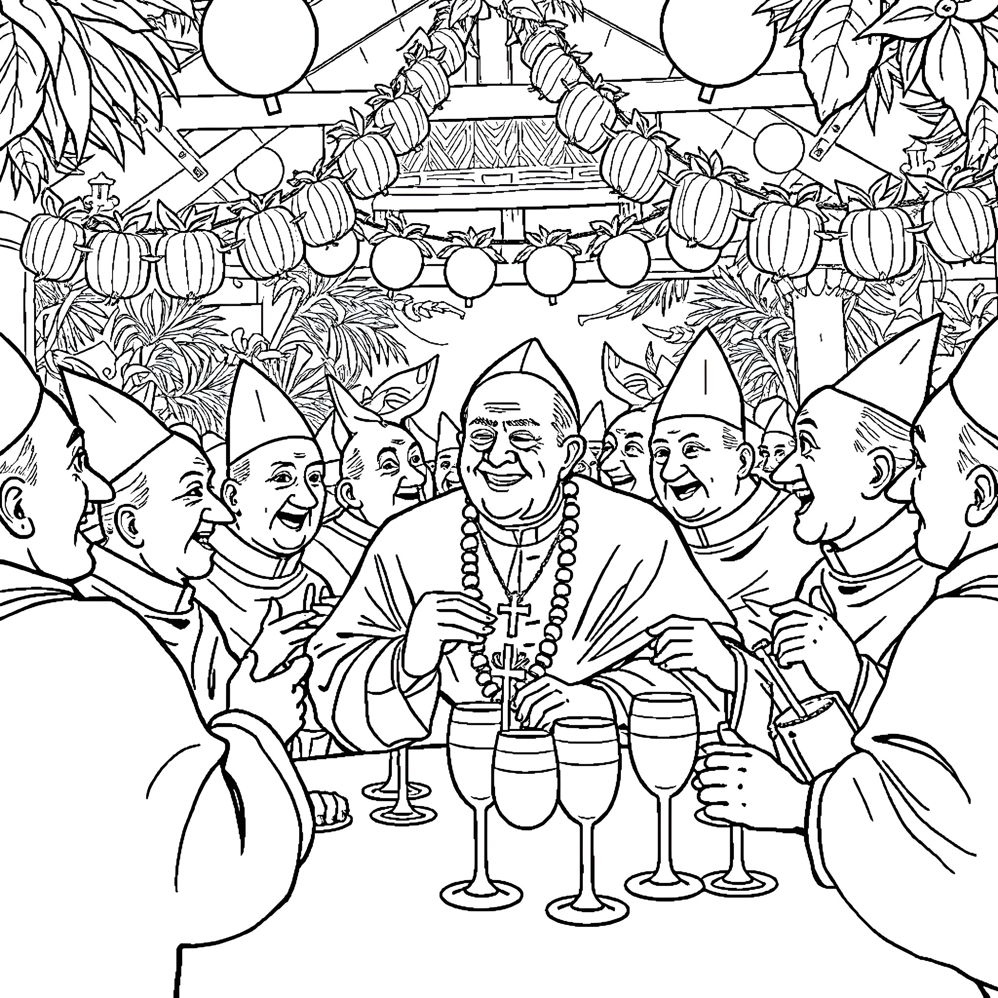 Pope Celebrating Festive Occasion with Clergy Coloring Page (free black-and-white line drawing printable PDF for all, from beginners to advanced learners, including children, teens, adults, and seniors)