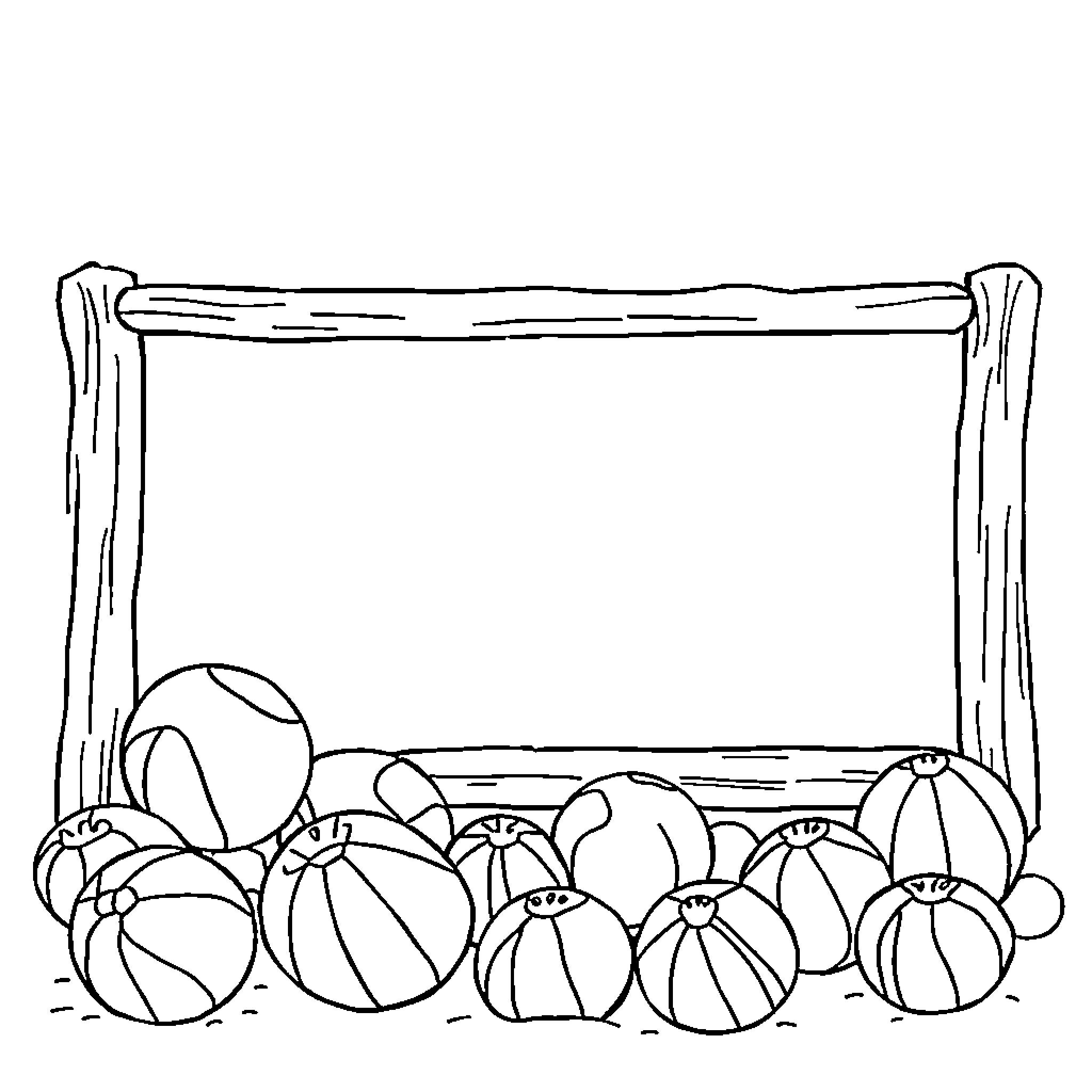 Beach Ball Frame with Inflatable Toys Coloring Page (free black-and-white line drawing printable PDF for all, from beginners to advanced learners, including children, teens, adults, and seniors)