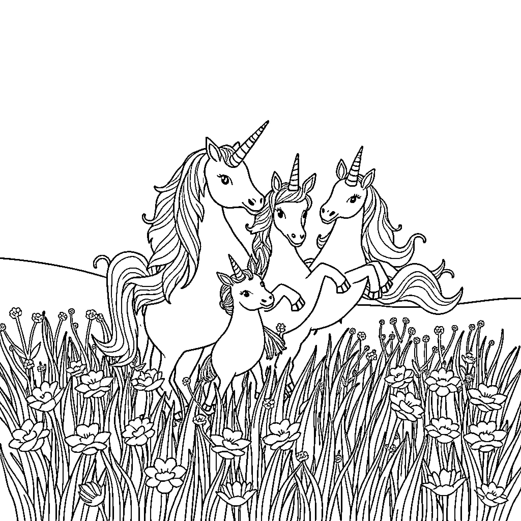 Unicorns playing in a meadow of flowers Coloring Page (free black-and-white line drawing printable PDF for all, from beginners to advanced learners, including children, teens, adults, and seniors)