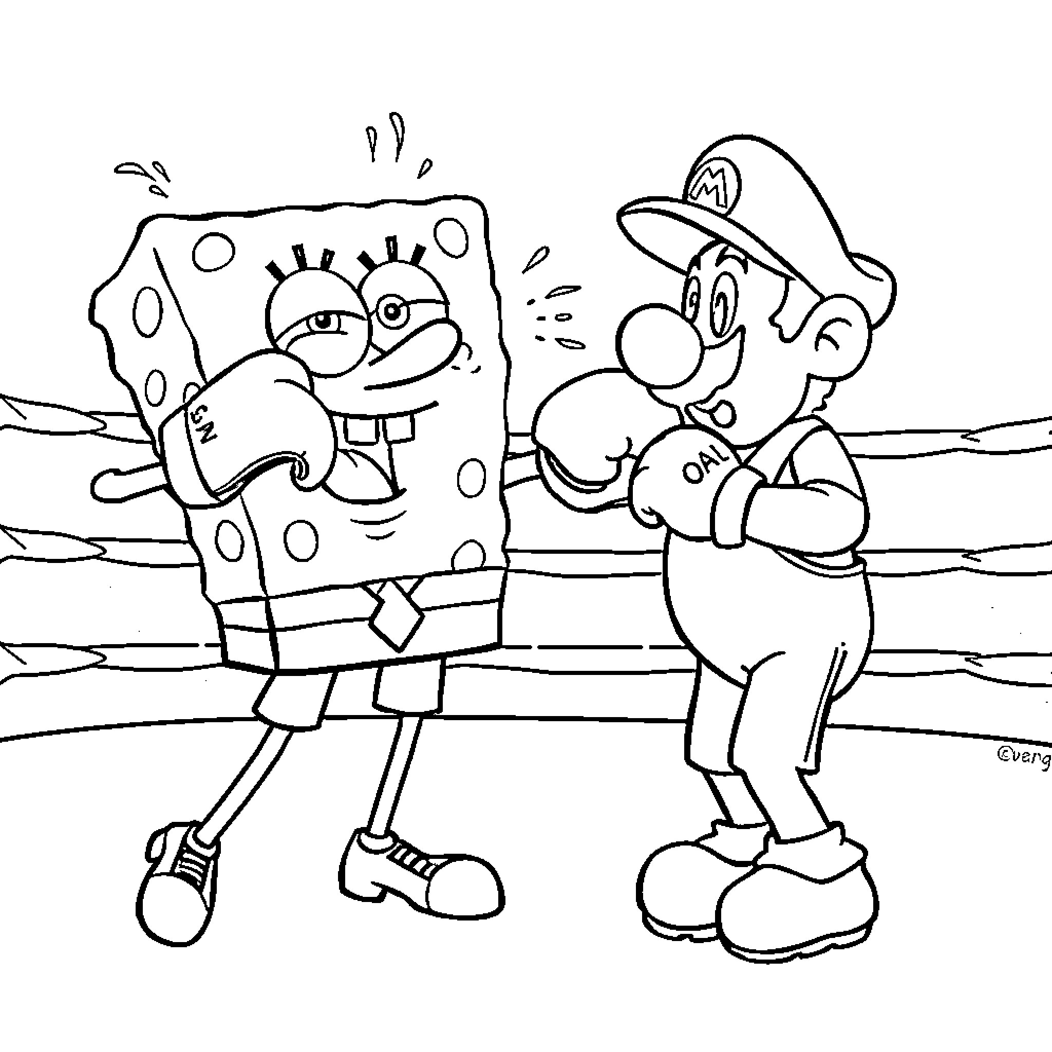 Spongebob and Mario fighting in a ring Coloring Page (free black-and-white line drawing printable PDF for all, from beginners to advanced learners, including children, teens, adults, and seniors)