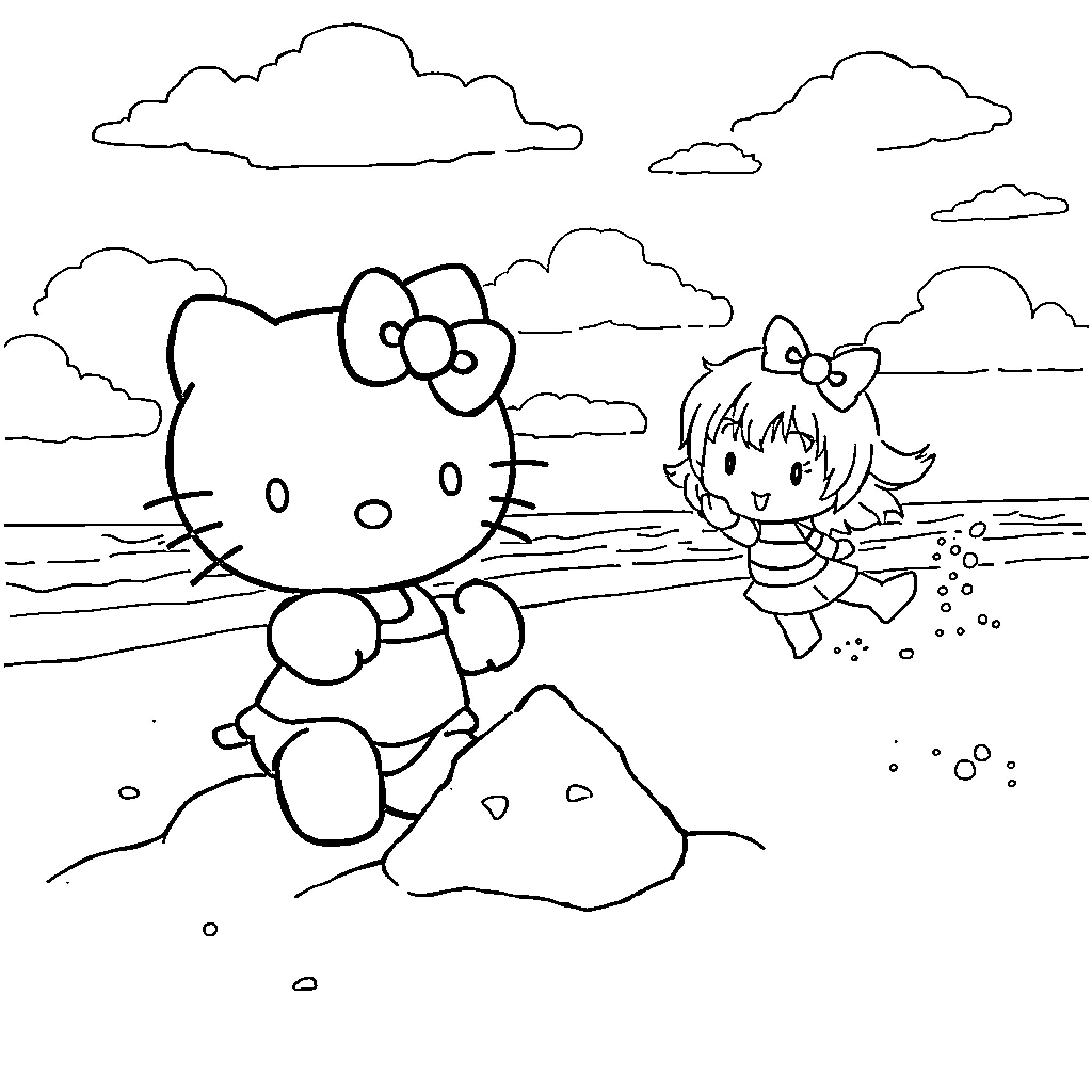 Hello Kitty playing at the beach with a friend Coloring Page (free black-and-white line drawing printable PDF for all, from beginners to advanced learners, including children, teens, adults, and seniors)