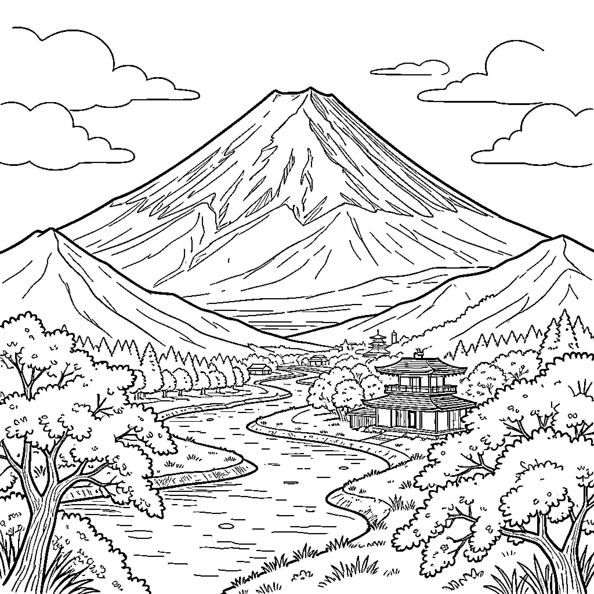 Mount Fuji with Traditional Buildings and Serene Landscape Coloring Page (free black-and-white line drawing printable PDF for all, from beginners to advanced learners, including children, teens, adults, and seniors)