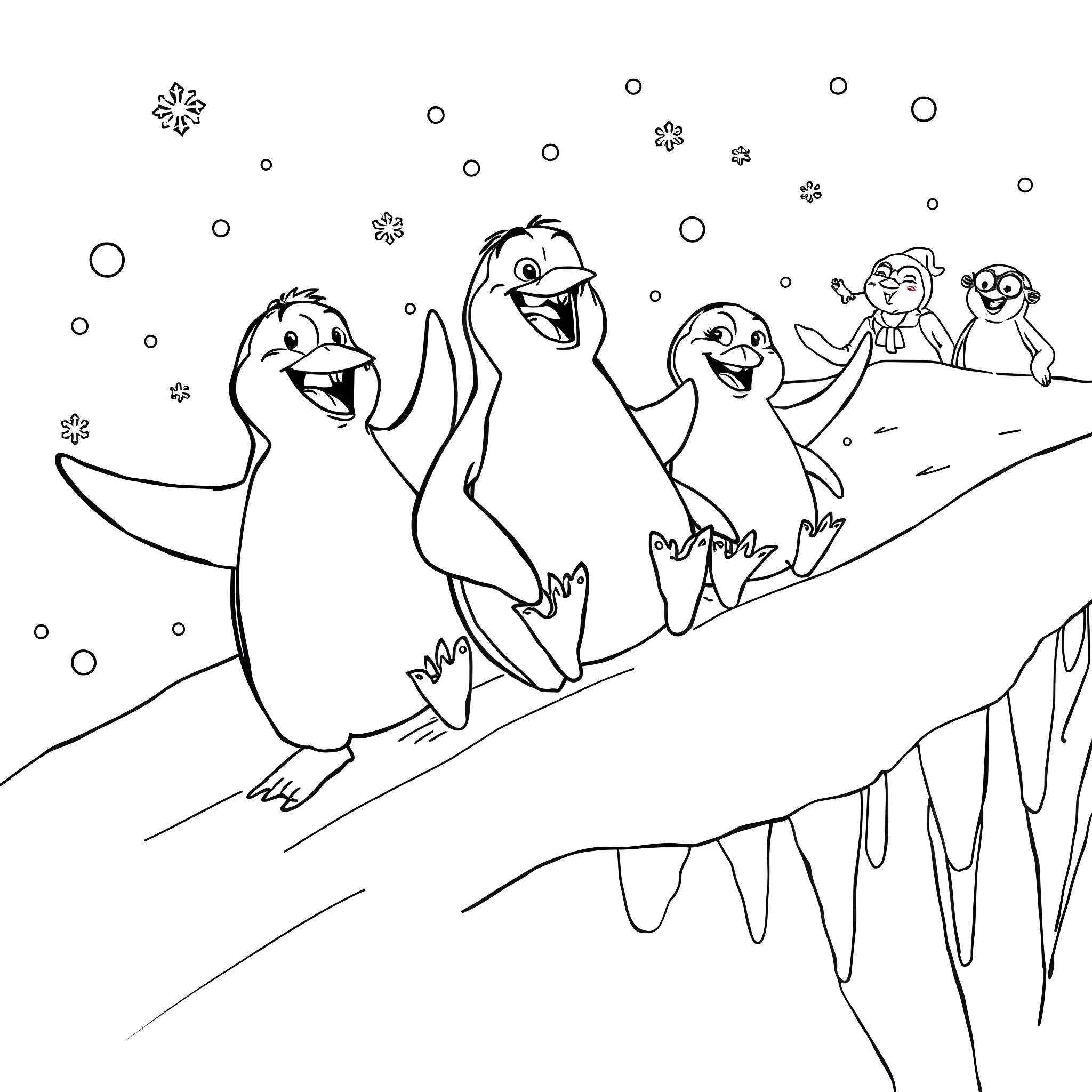 Penguin friends frolicking in the snow Coloring Page (free black-and-white line drawing printable PDF for all, from beginners to advanced learners, including children, teens, adults, and seniors)