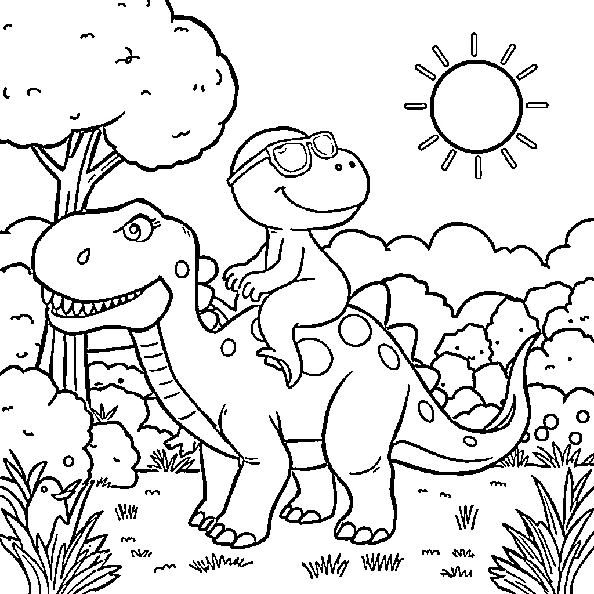 Bluey dinosaurs playing in the park Coloring Page (free black-and-white line drawing printable PDF for all, from beginners to advanced learners, including children, teens, adults, and seniors)