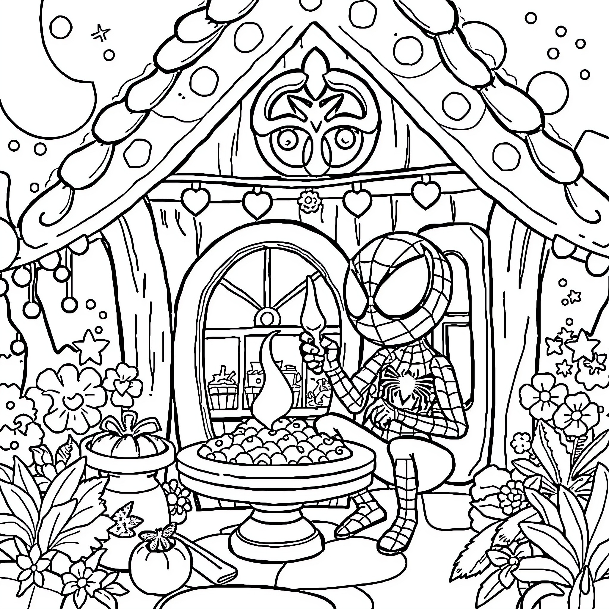 Gabby's enchanting fairy house in the garden Coloring Page (free black-and-white line drawing printable PDF for all, from beginners to advanced learners, including children, teens, adults, and seniors)