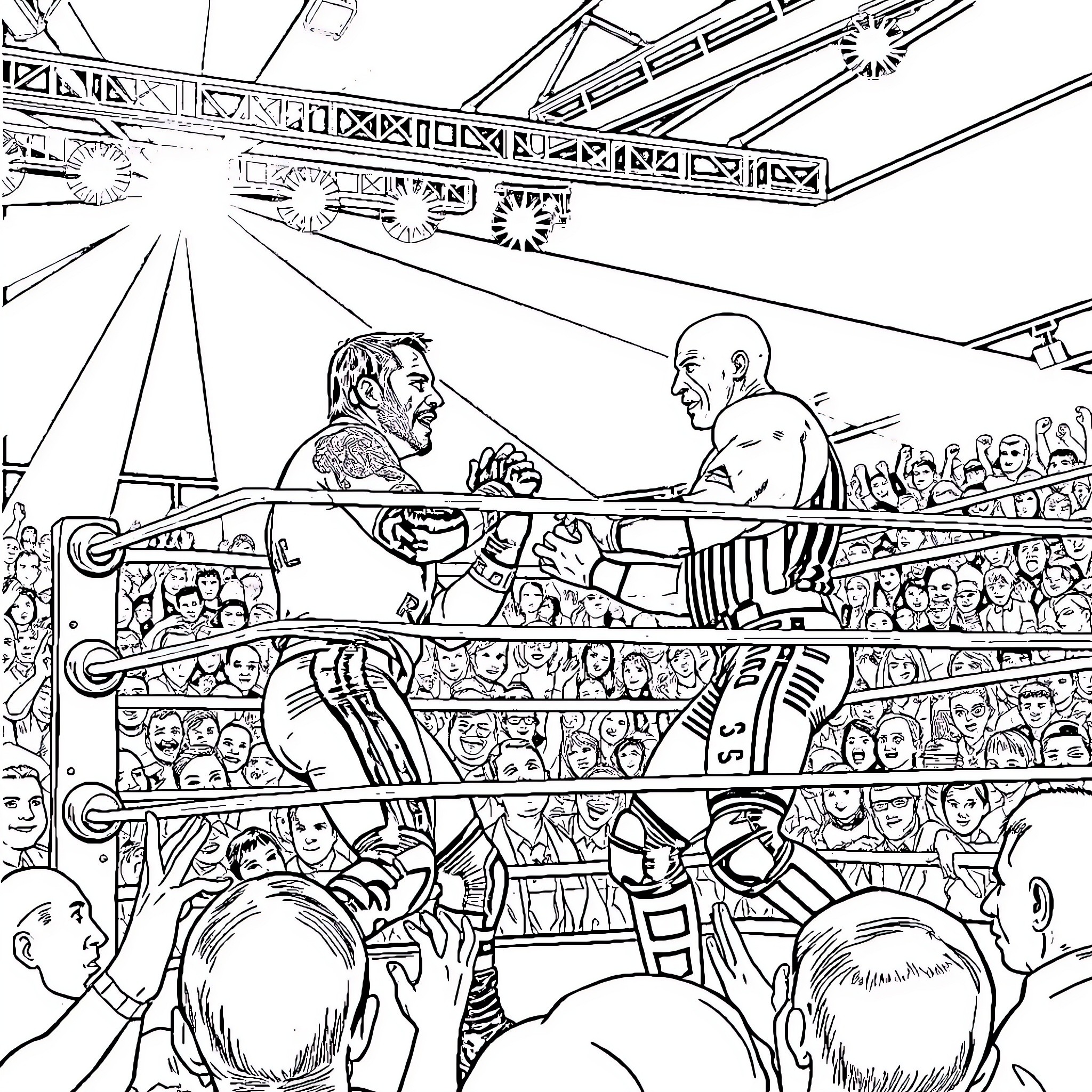 Wrestler battling in dramatic wrestling match Coloring Page (free black-and-white line drawing printable PDF for all, from beginners to advanced learners, including children, teens, adults, and seniors)