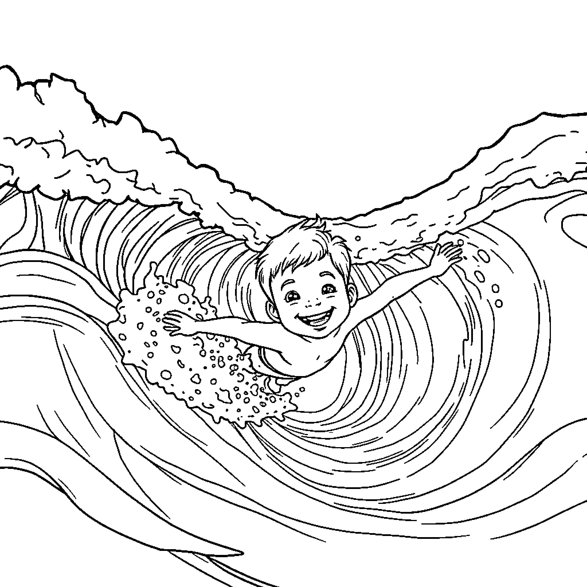 Boy surfing joyfully through the waves Coloring Page (free black-and-white line drawing printable PDF for all, from beginners to advanced learners, including children, teens, adults, and seniors)