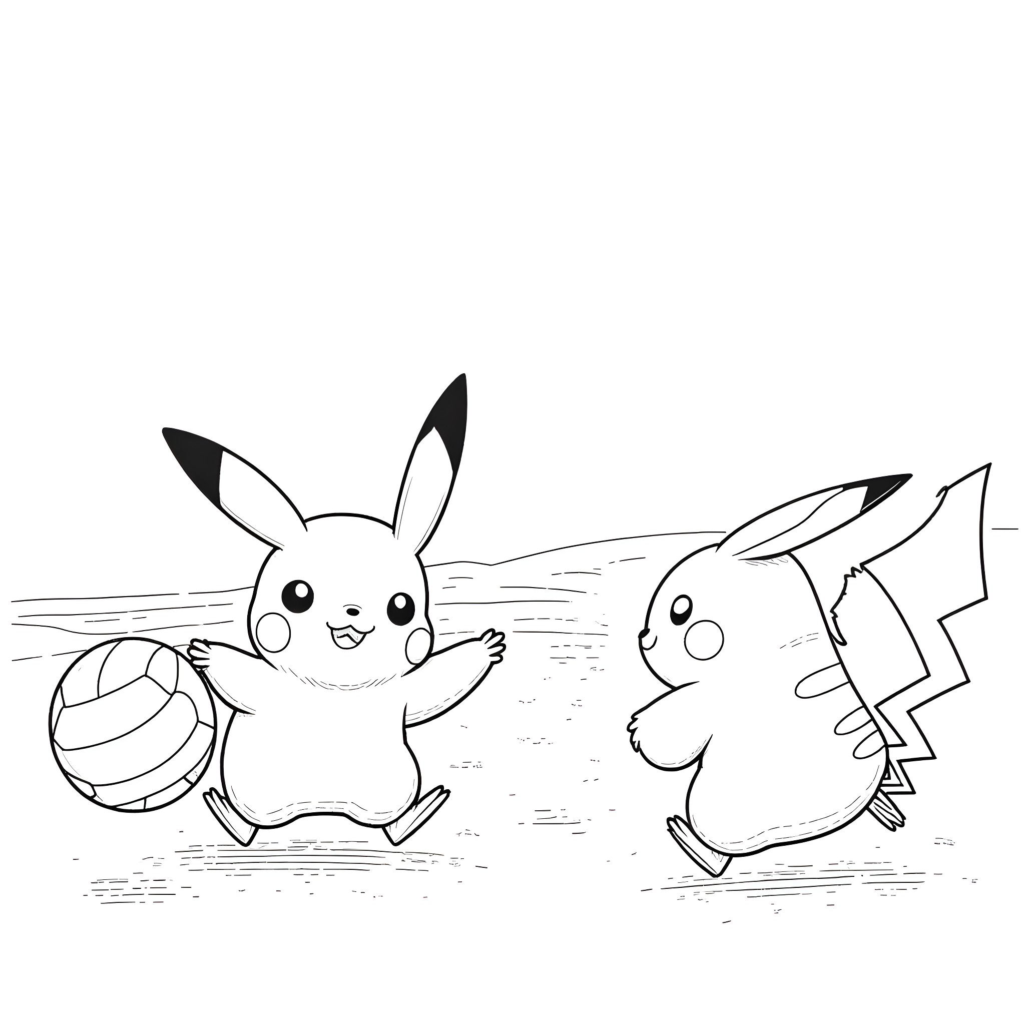 Pikachu playing with a ball joyfully Coloring Page (free black-and-white line drawing printable PDF for all, from beginners to advanced learners, including children, teens, adults, and seniors)