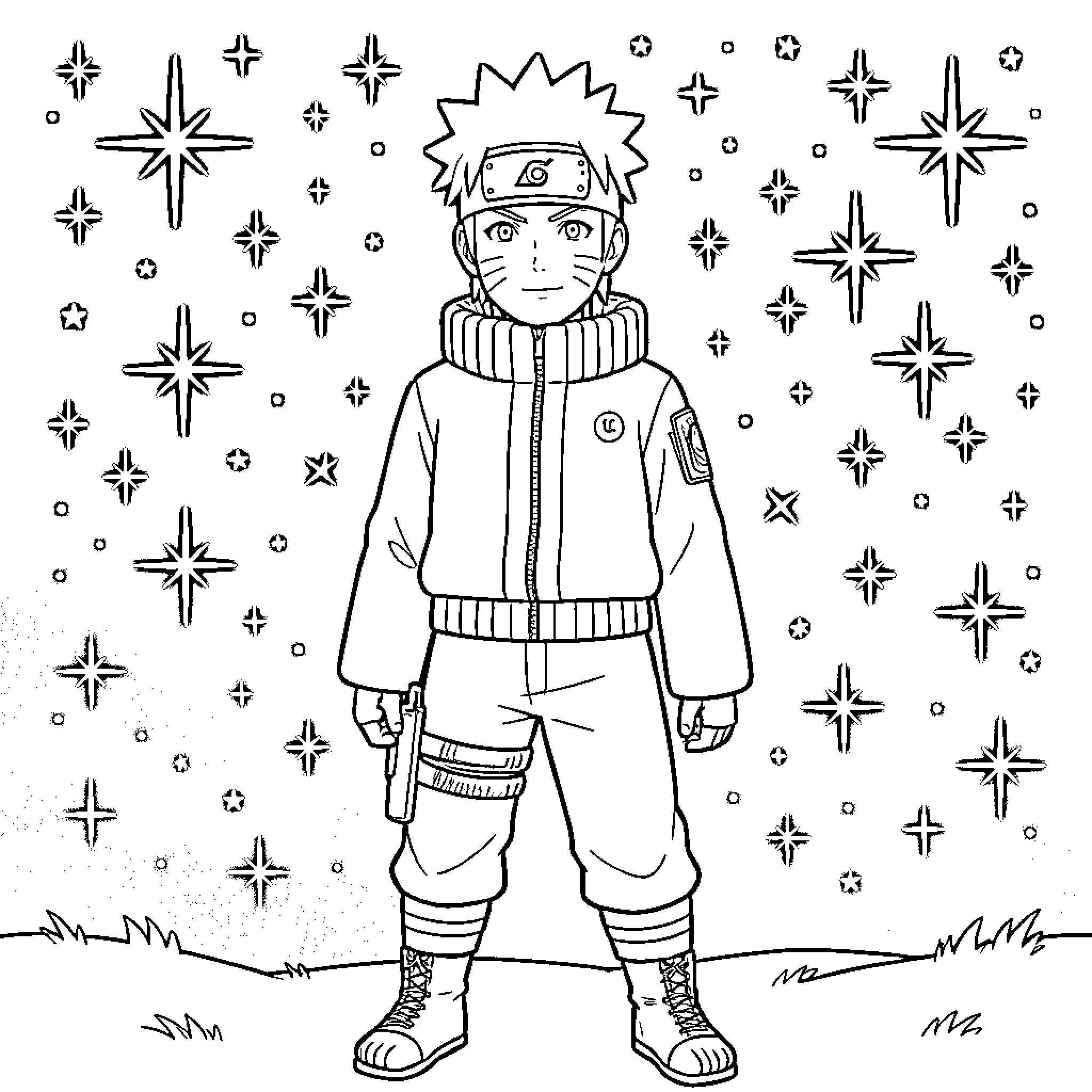 Naruto standing amidst sparkling stars and night sky Coloring Page (free black-and-white line drawing printable PDF for all, from beginners to advanced learners, including children, teens, adults, and seniors)