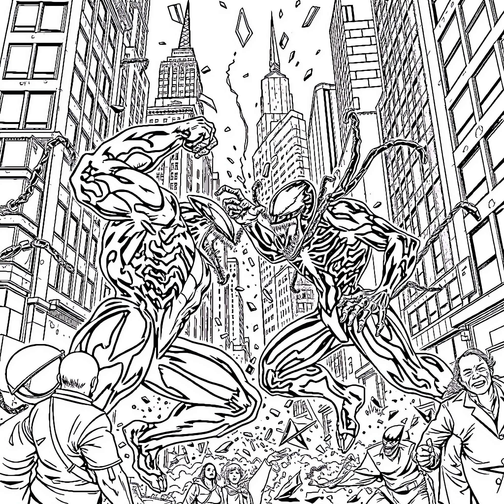 Venom Unleashed in the City Coloring Page (free black-and-white line drawing printable PDF for all, from beginners to advanced learners, including children, teens, adults, and seniors)