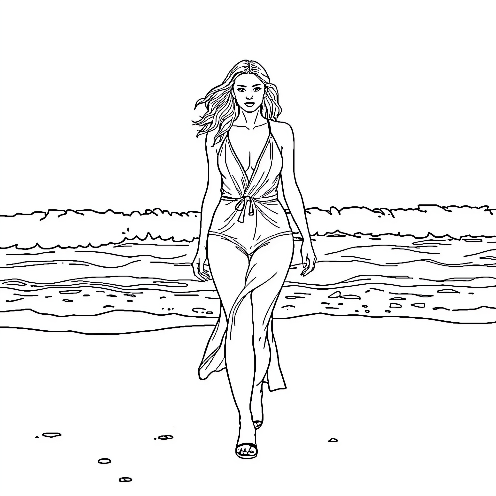 Margot Robbie walking on the beach in a swimsuit Coloring Page (free black-and-white line drawing printable PDF for all, from beginners to advanced learners, including children, teens, adults, and seniors)