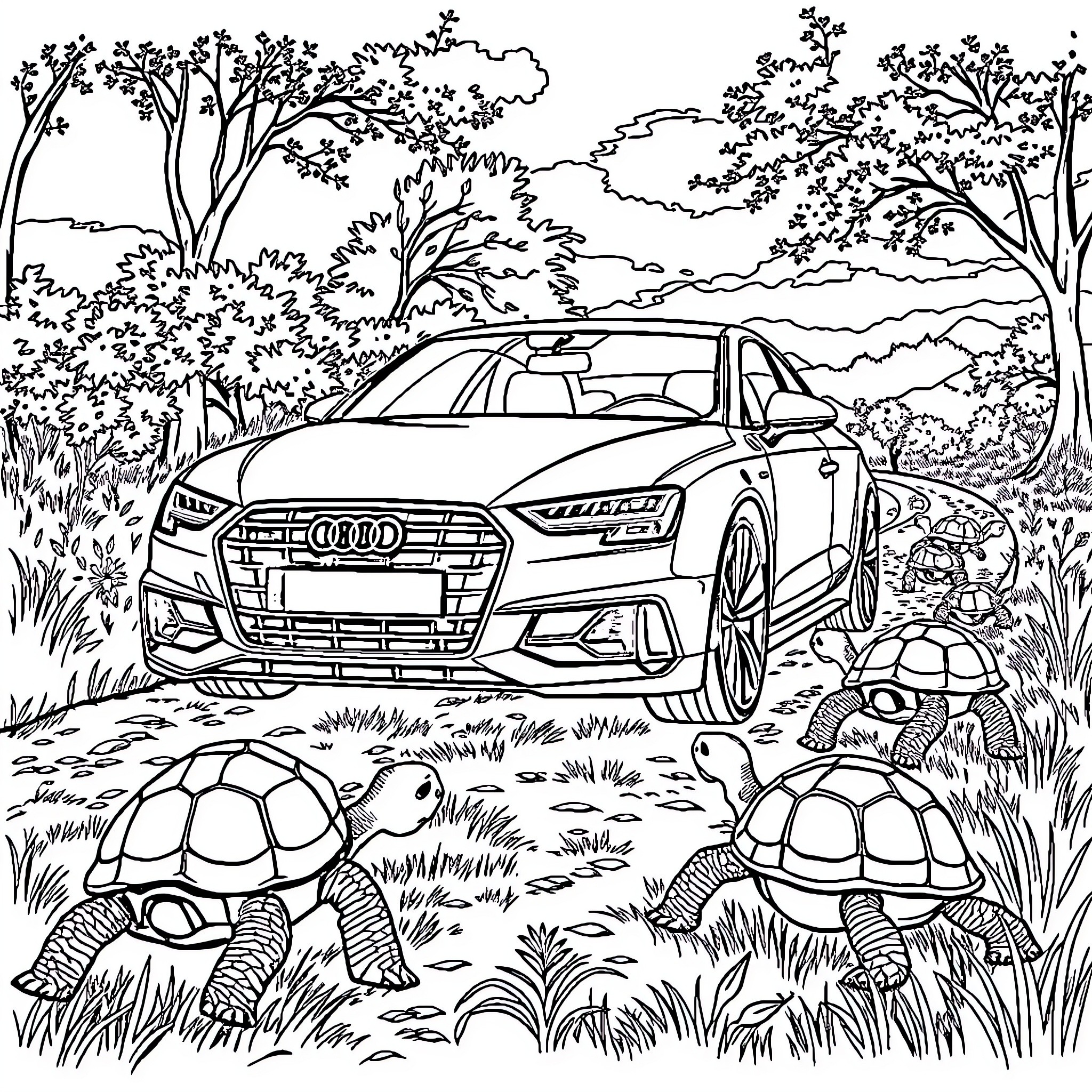 Audi car surrounded by nature and wildlife Coloring Page (free black-and-white line drawing printable PDF for all, from beginners to advanced learners, including children, teens, adults, and seniors)