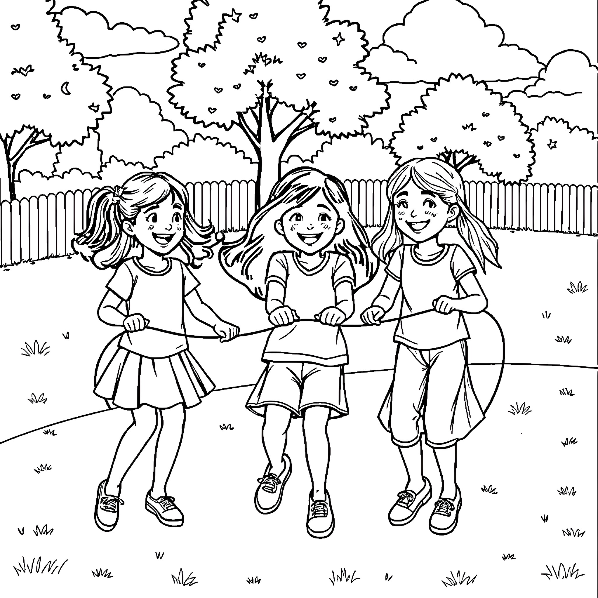 Girls Playing Happily in the Backyard Coloring Page (free black-and-white line drawing printable PDF for all, from beginners to advanced learners, including children, teens, adults, and seniors)