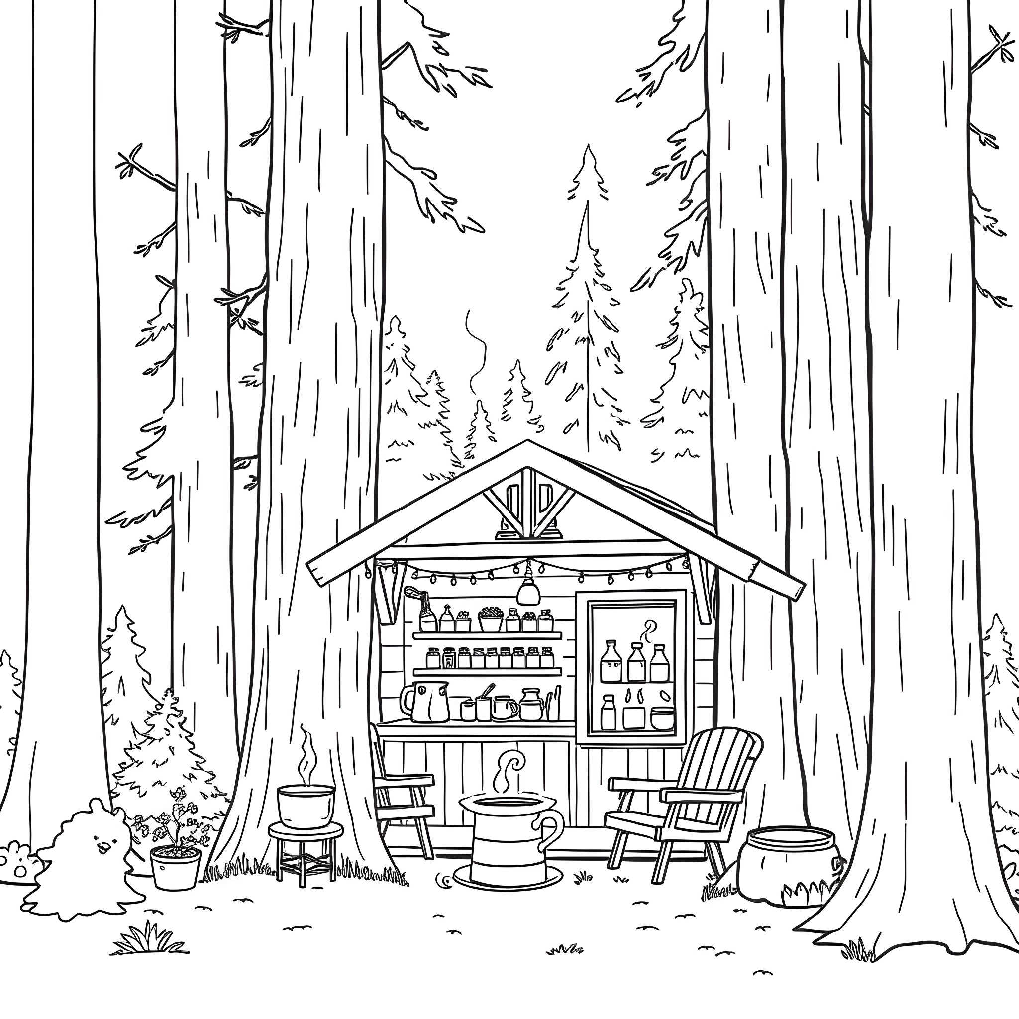 Coffee Cabin in the Peaceful Forest Coloring Page (free black-and-white line drawing printable PDF for all, from beginners to advanced learners, including children, teens, adults, and seniors)