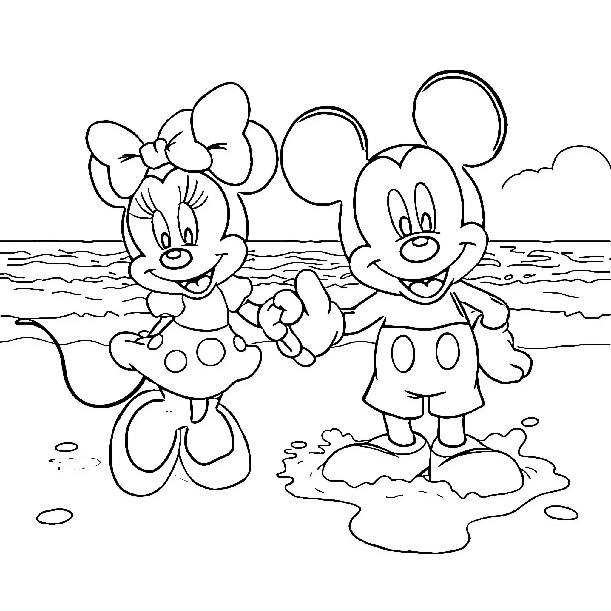 Minnie and Mickey playing in the ocean Coloring Page (free black-and-white line drawing printable PDF for all, from beginners to advanced learners, including children, teens, adults, and seniors)