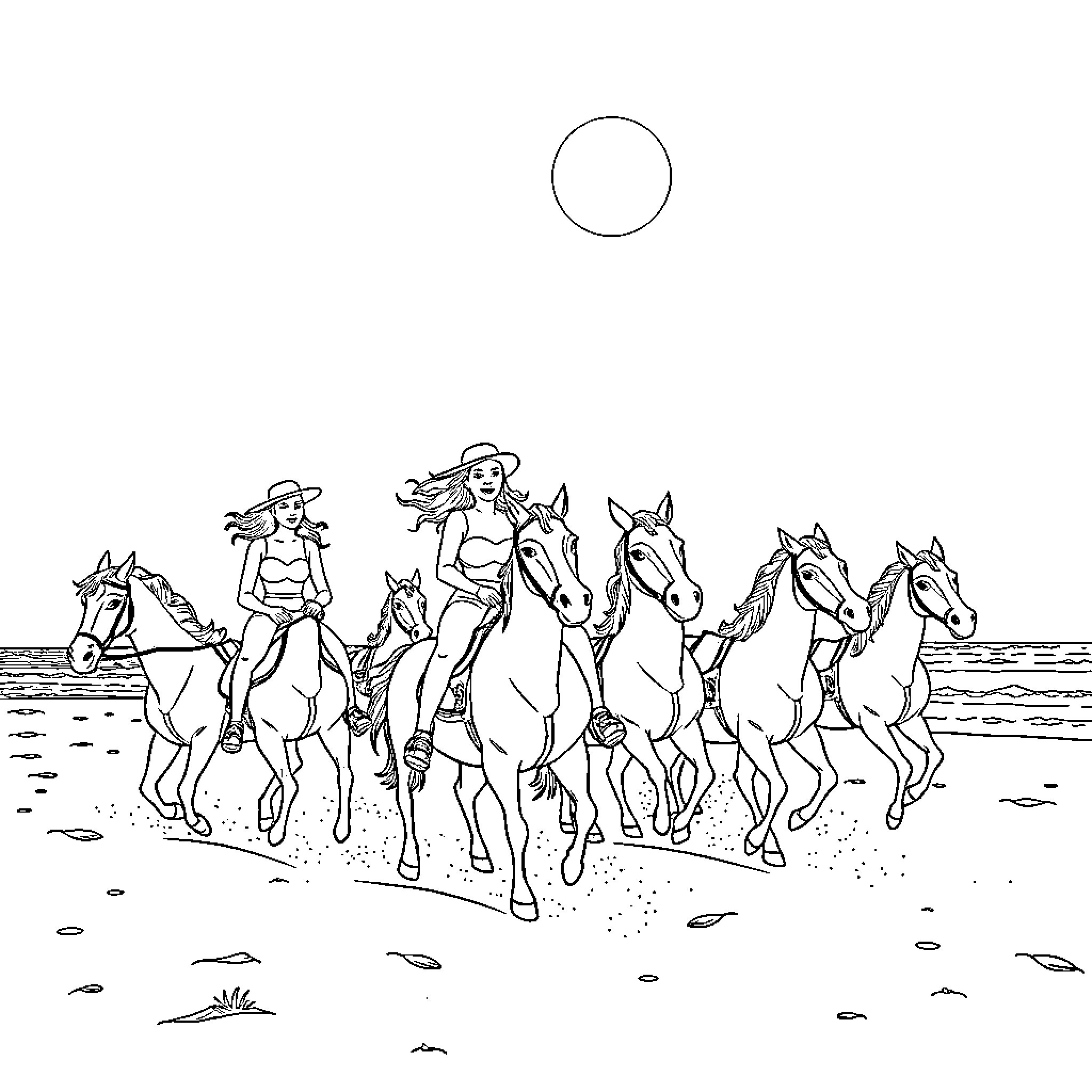 Woman riding horses on the beach Coloring Page (free black-and-white line drawing printable PDF for all, from beginners to advanced learners, including children, teens, adults, and seniors)
