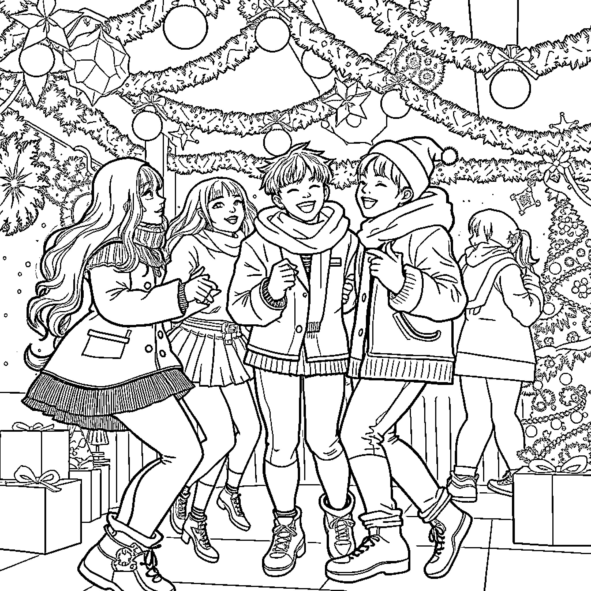 K Pop Stars Celebrating the Holidays Together Coloring Page (free black-and-white line drawing printable PDF for all, from beginners to advanced learners, including children, teens, adults, and seniors)