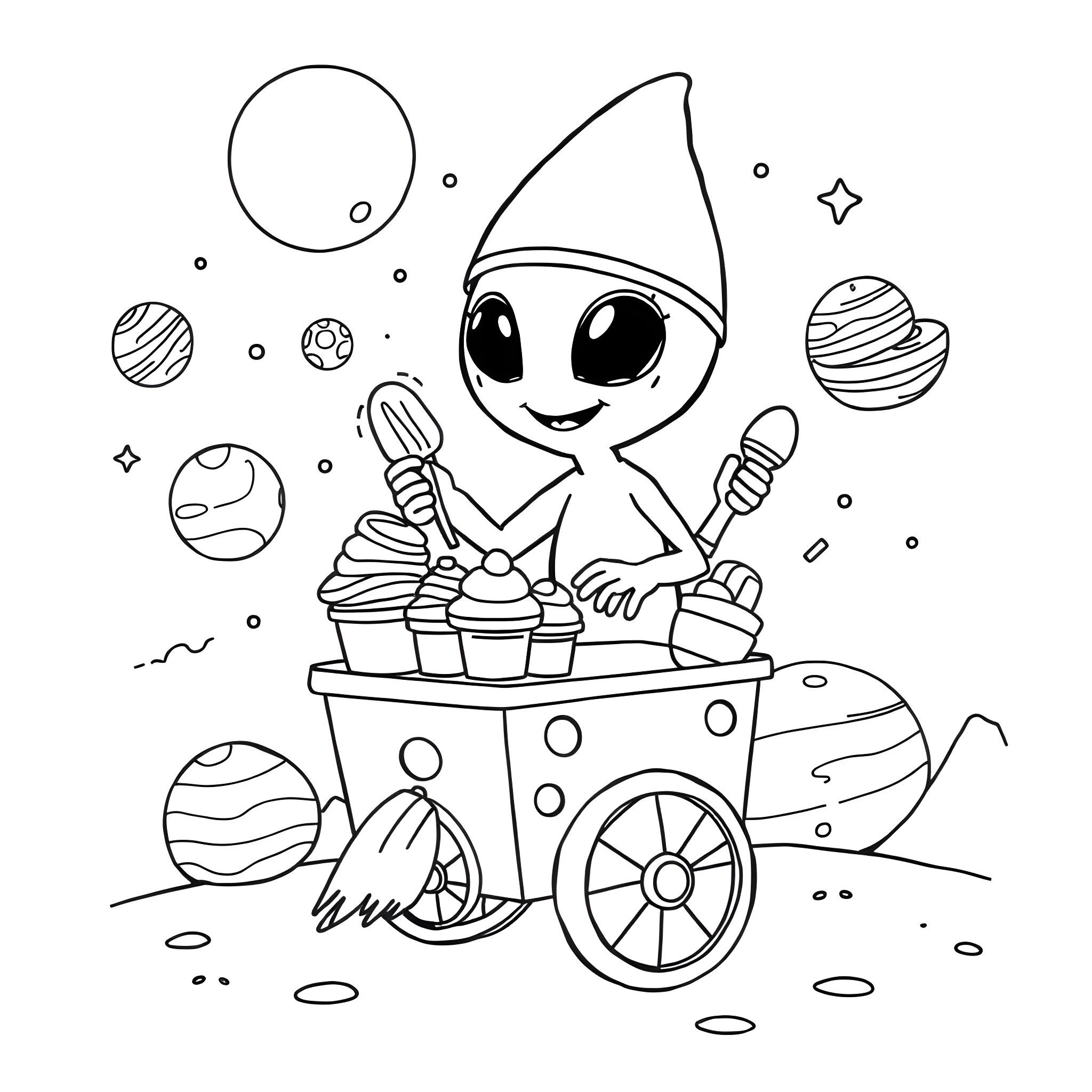 Alien Selling Cosmic Treats on Wheels Coloring Page (free black-and-white line drawing printable PDF for all, from beginners to advanced learners, including children, teens, adults, and seniors)