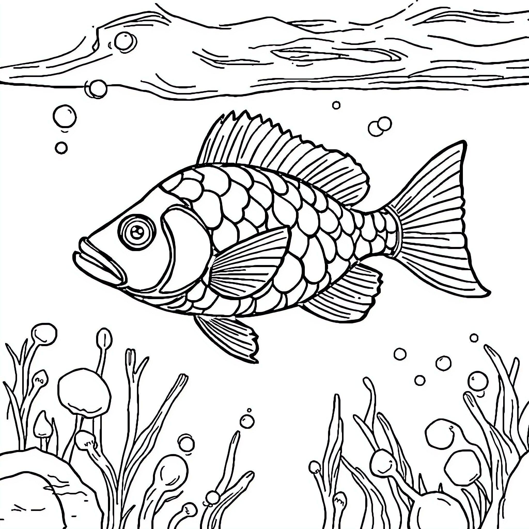 Fish swimming among underwater plants and bubbles Coloring Page (free black-and-white line drawing printable PDF for all, from beginners to advanced learners, including children, teens, adults, and seniors)