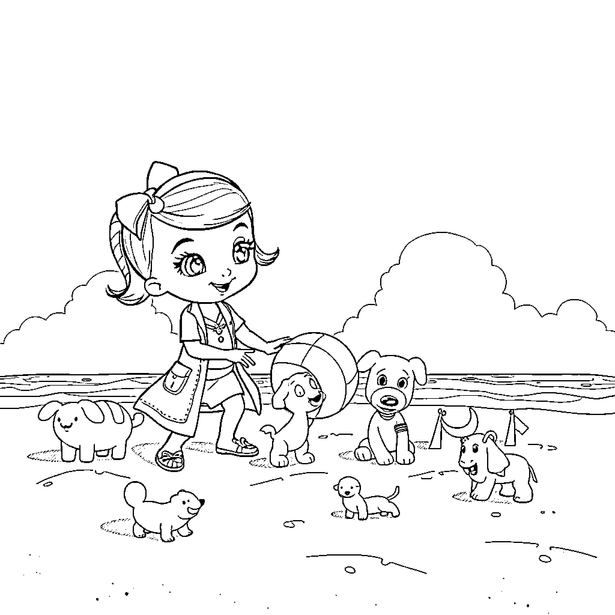 Doc McStuffins helping and caring for animal friends Coloring Page (free black-and-white line drawing printable PDF for all, from beginners to advanced learners, including children, teens, adults, and seniors)