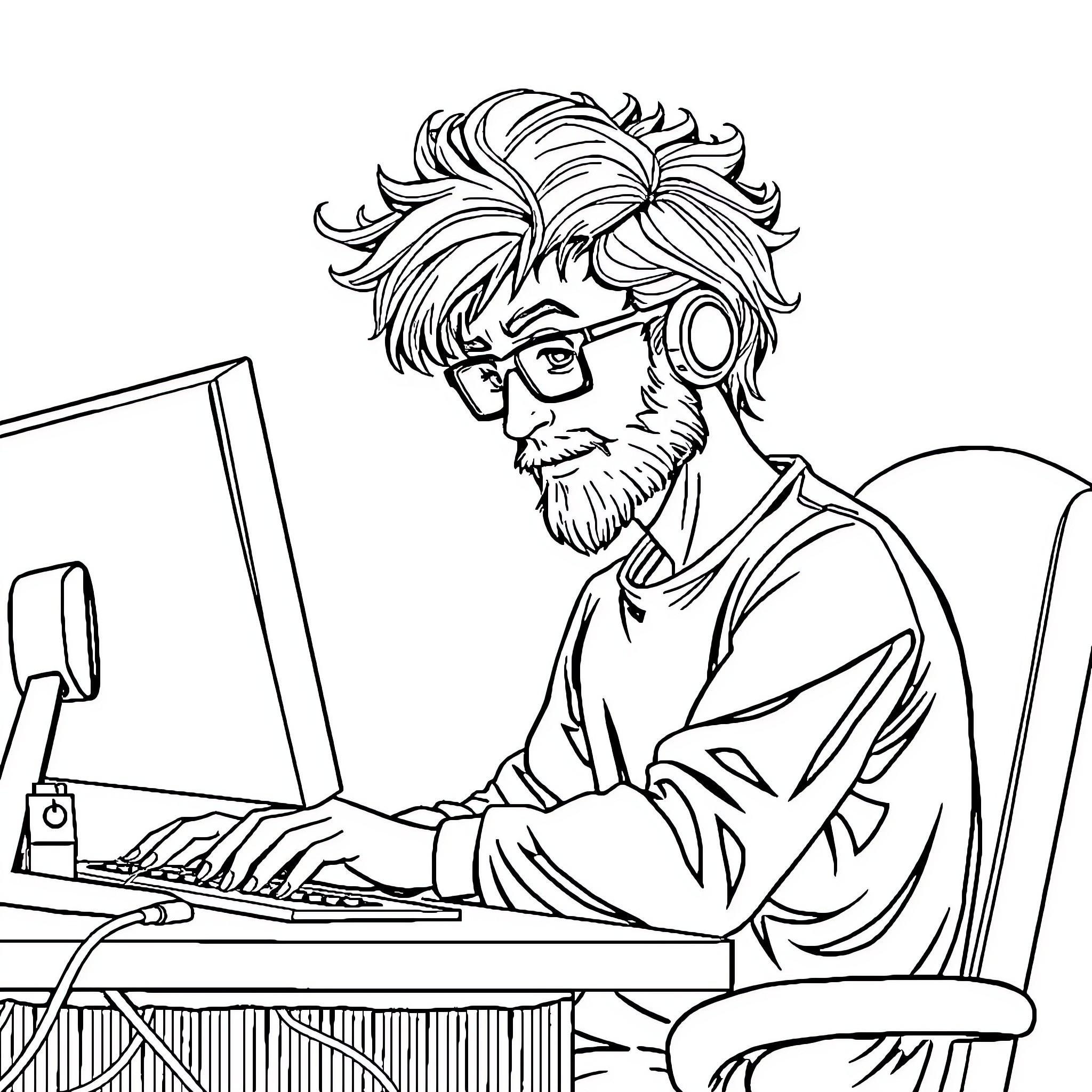 Computer man with long hair and beard working at desk Coloring Page (free black-and-white line drawing printable PDF for all, from beginners to advanced learners, including children, teens, adults, and seniors)
