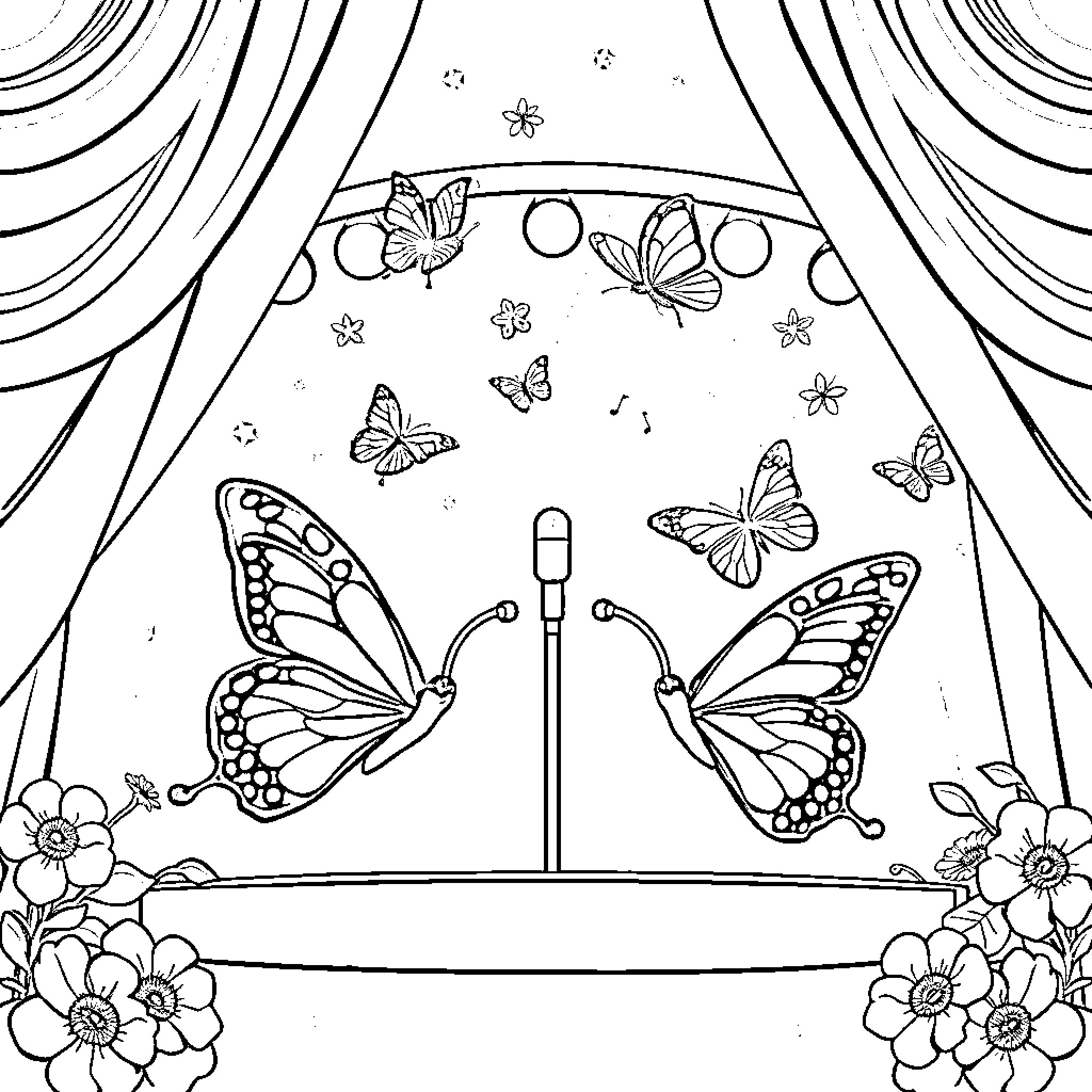Butterfly Stage Performance Coloring Page (free black-and-white line drawing printable PDF for all, from beginners to advanced learners, including children, teens, adults, and seniors)