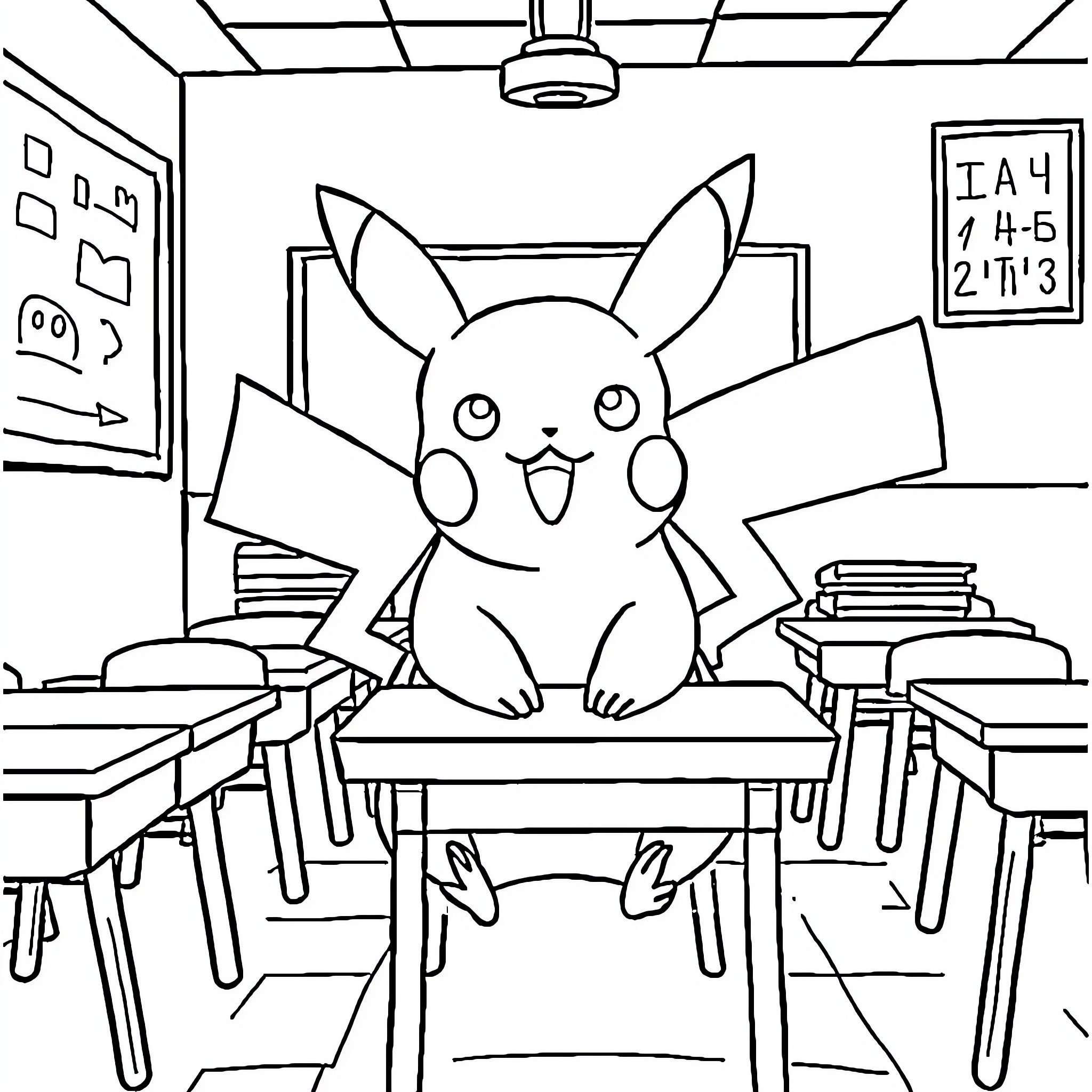 Pikachu enjoying a classroom setting Coloring Page (free black-and-white line drawing printable PDF for all, from beginners to advanced learners, including children, teens, adults, and seniors)