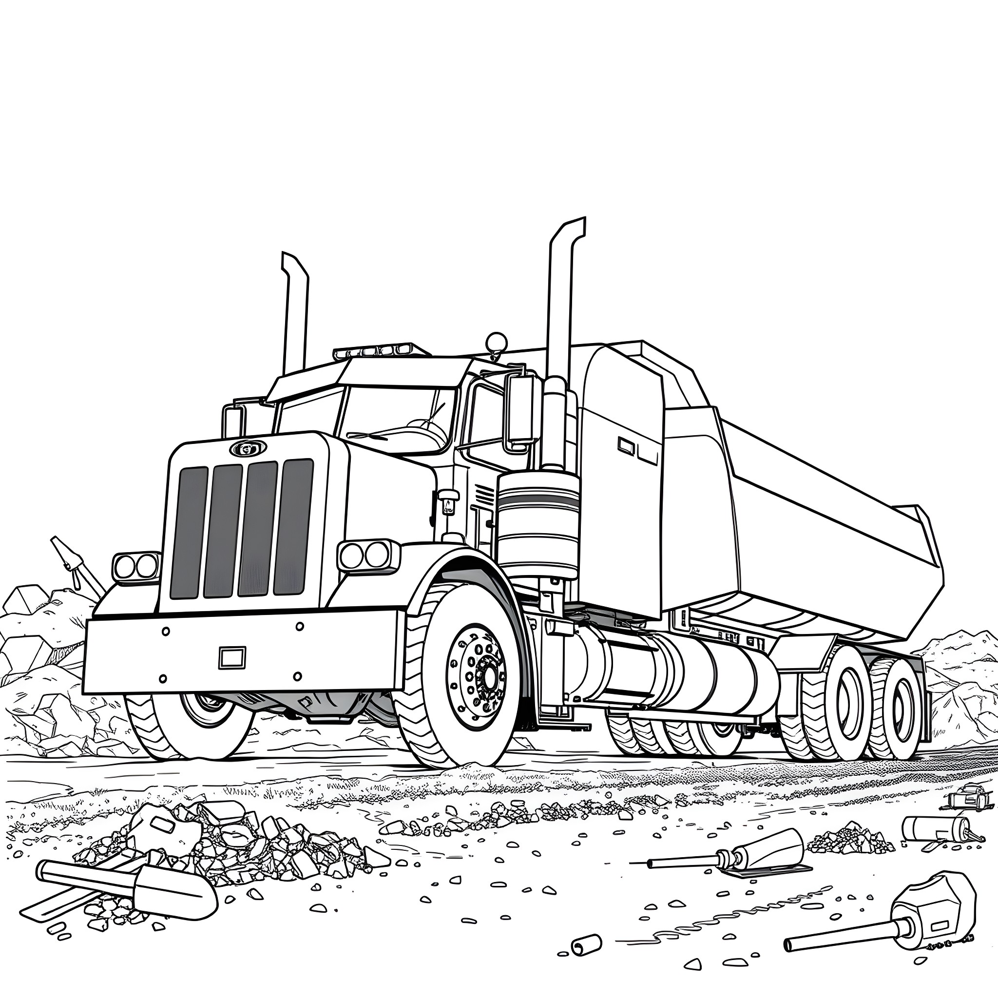 Peterbilt heavy-duty dump truck working on construction site Coloring Page (free black-and-white line drawing printable PDF for all, from beginners to advanced learners, including children, teens, adults, and seniors)