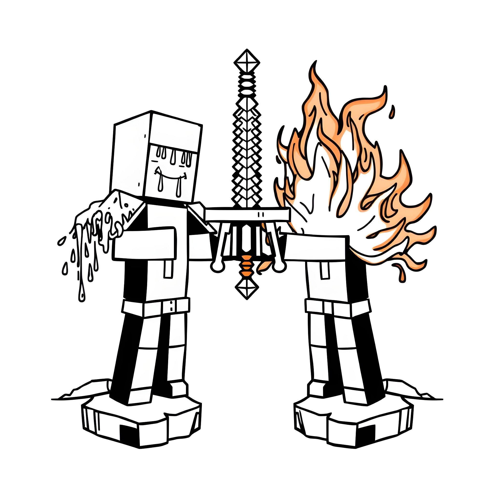 Minecraft Sword Warriors Battling with Flames Coloring Page (free black-and-white line drawing printable PDF for all, from beginners to advanced learners, including children, teens, adults, and seniors)