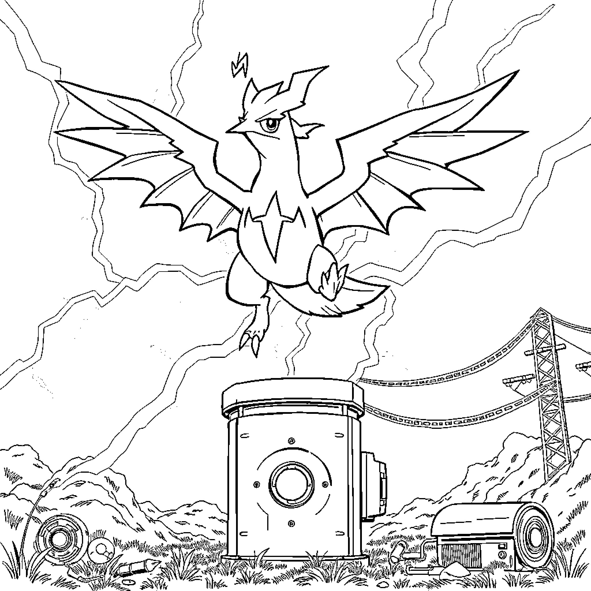 Zapdos unleashing electric power in a thunderous scene Coloring Page (free black-and-white line drawing printable PDF for all, from beginners to advanced learners, including children, teens, adults, and seniors)