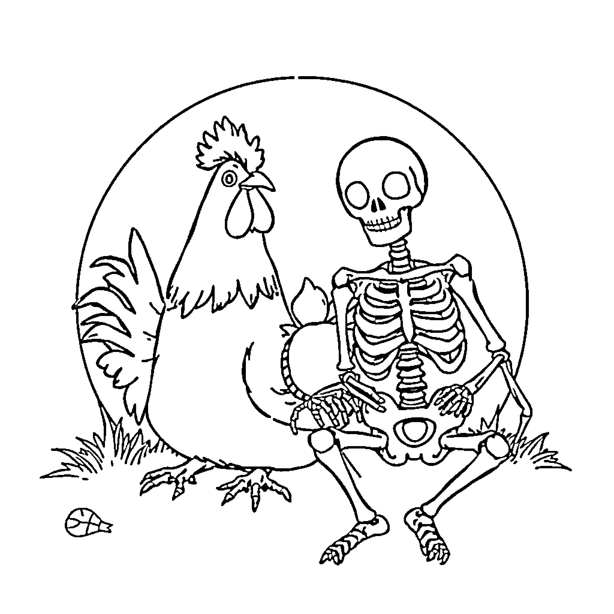 Chicken skeleton interacting with rooster in nature Coloring Page (free black-and-white line drawing printable PDF for all, from beginners to advanced learners, including children, teens, adults, and seniors)