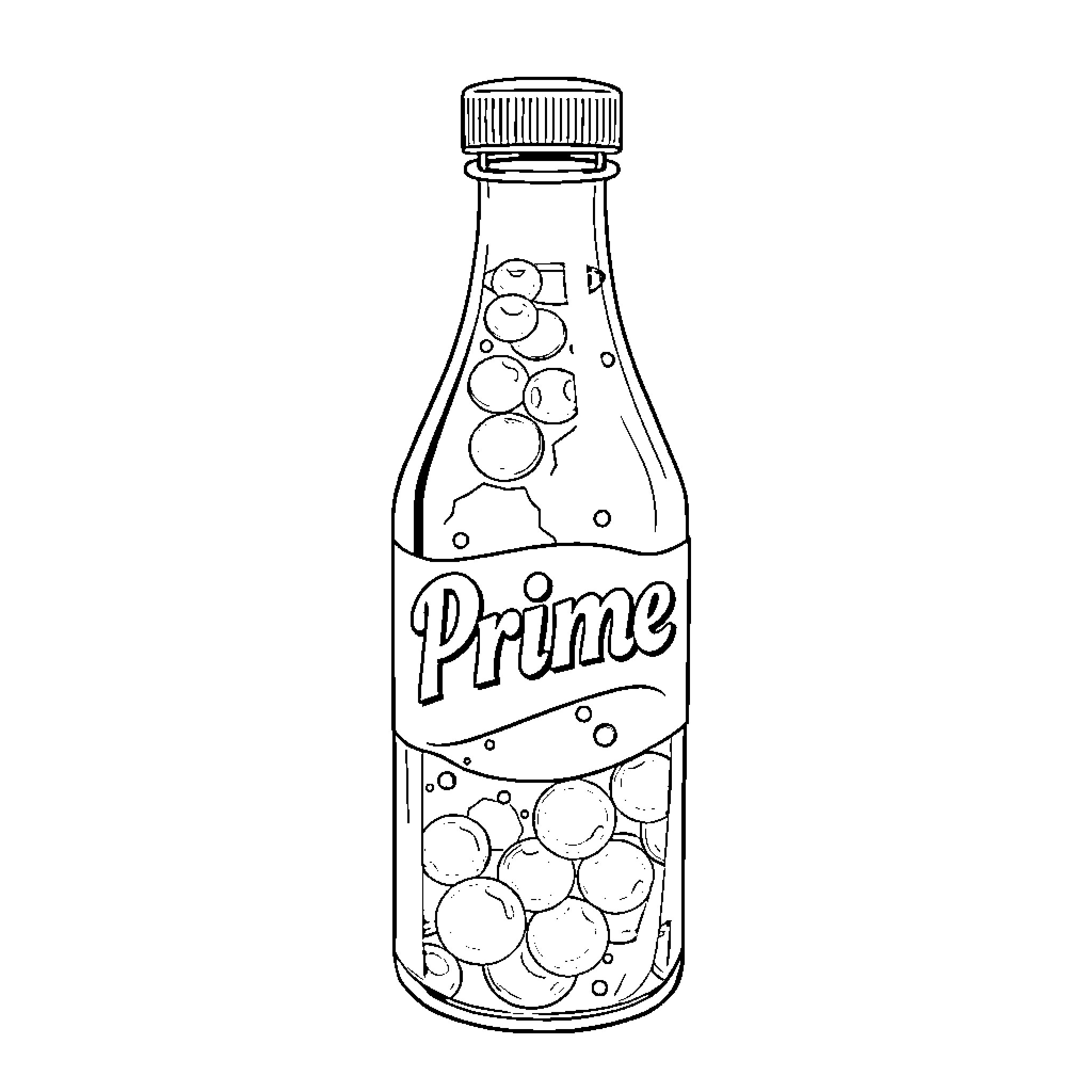 Bottle of fizzy beverage with bubbles Coloring Page (free black-and-white line drawing printable PDF for all, from beginners to advanced learners, including children, teens, adults, and seniors)