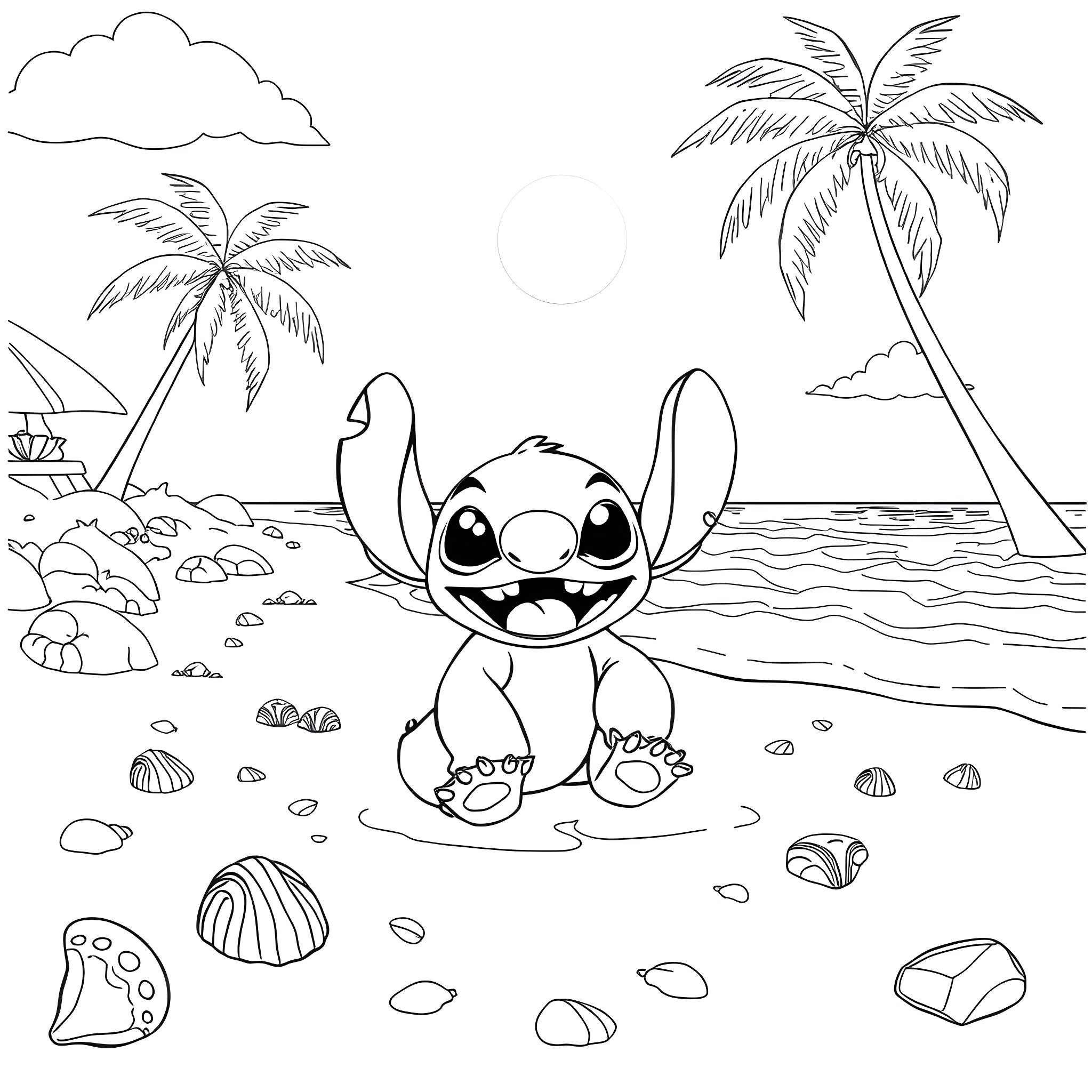 Stitch enjoying a beach day Coloring Page (free black-and-white line drawing printable PDF for all, from beginners to advanced learners, including children, teens, adults, and seniors)