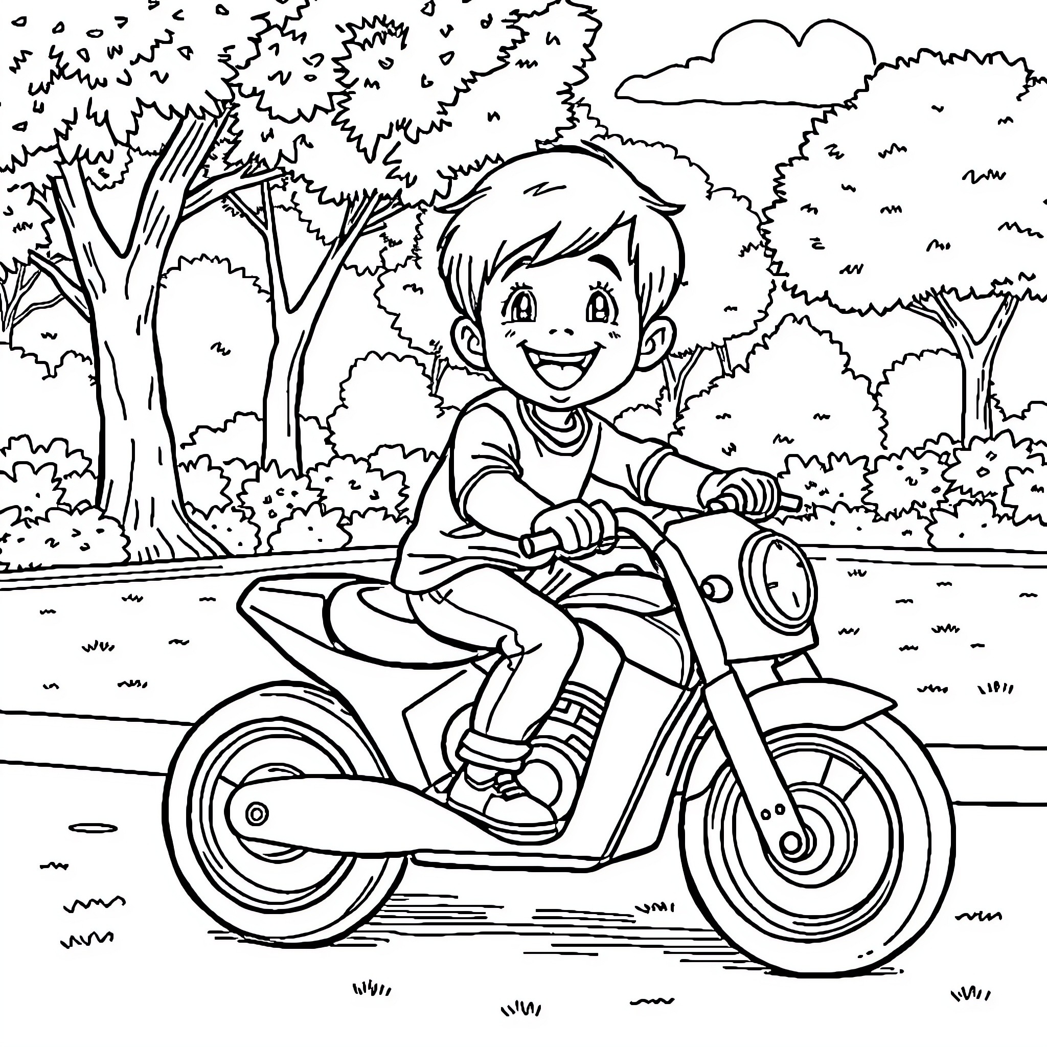 Child enjoying a ride on a motorcycle in the forest Coloring Page (free black-and-white line drawing printable PDF for all, from beginners to advanced learners, including children, teens, adults, and seniors)