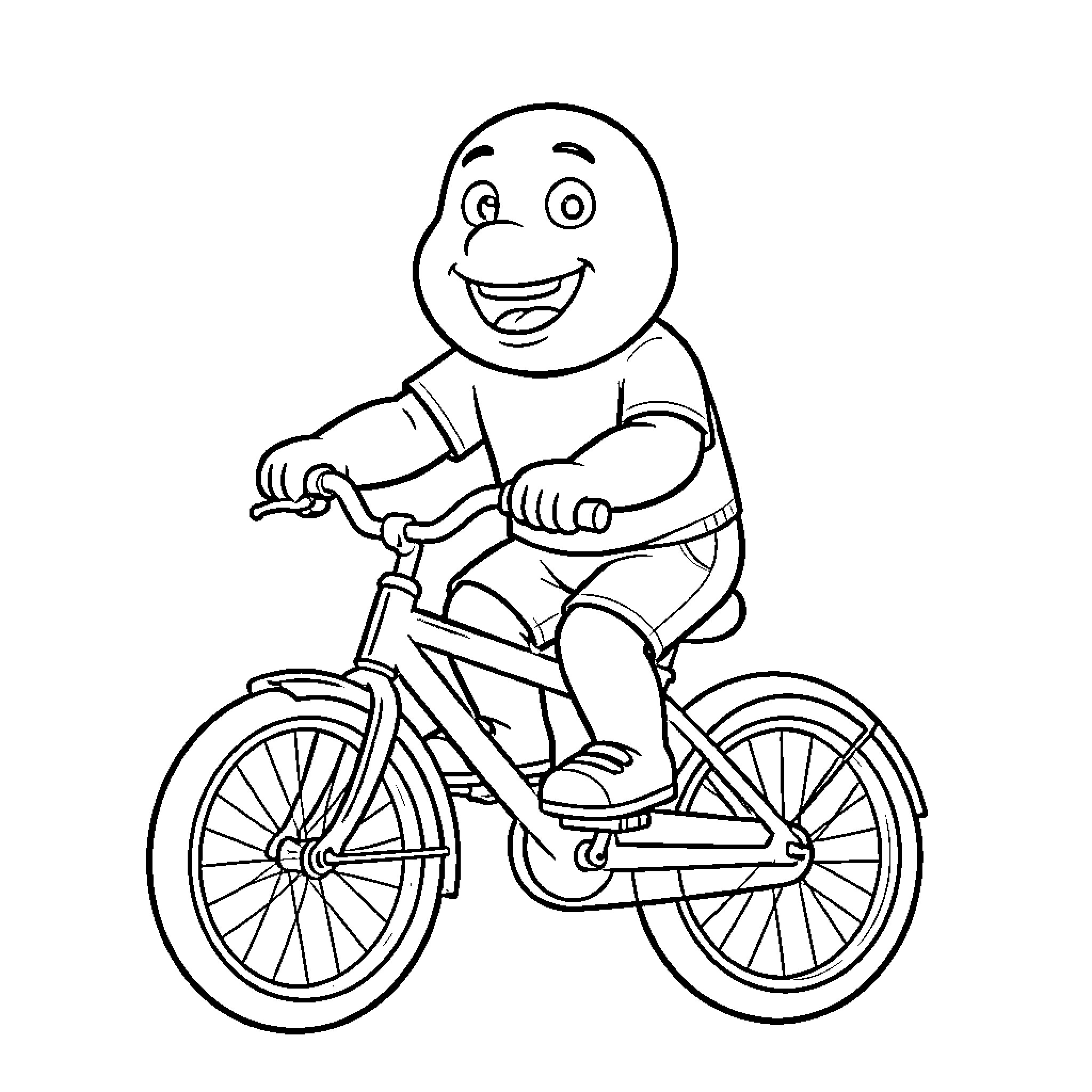 Barney riding a bicycle happily Coloring Page (free black-and-white line drawing printable PDF for all, from beginners to advanced learners, including children, teens, adults, and seniors)