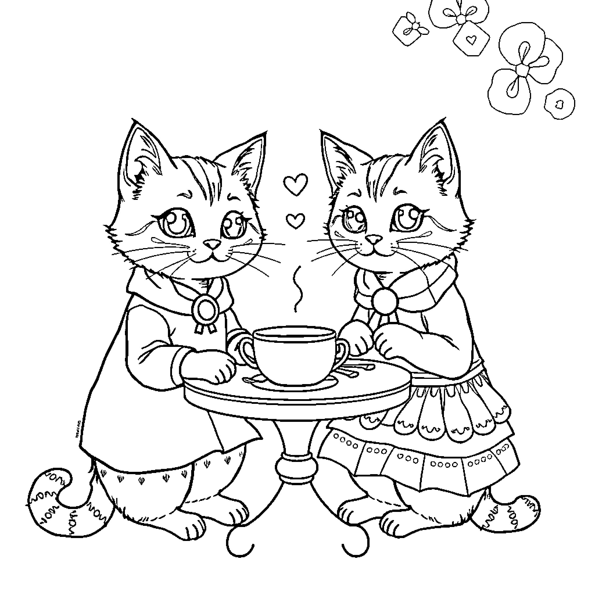 Cat companions enjoying tea time Coloring Page (free black-and-white line drawing printable PDF for all, from beginners to advanced learners, including children, teens, adults, and seniors)