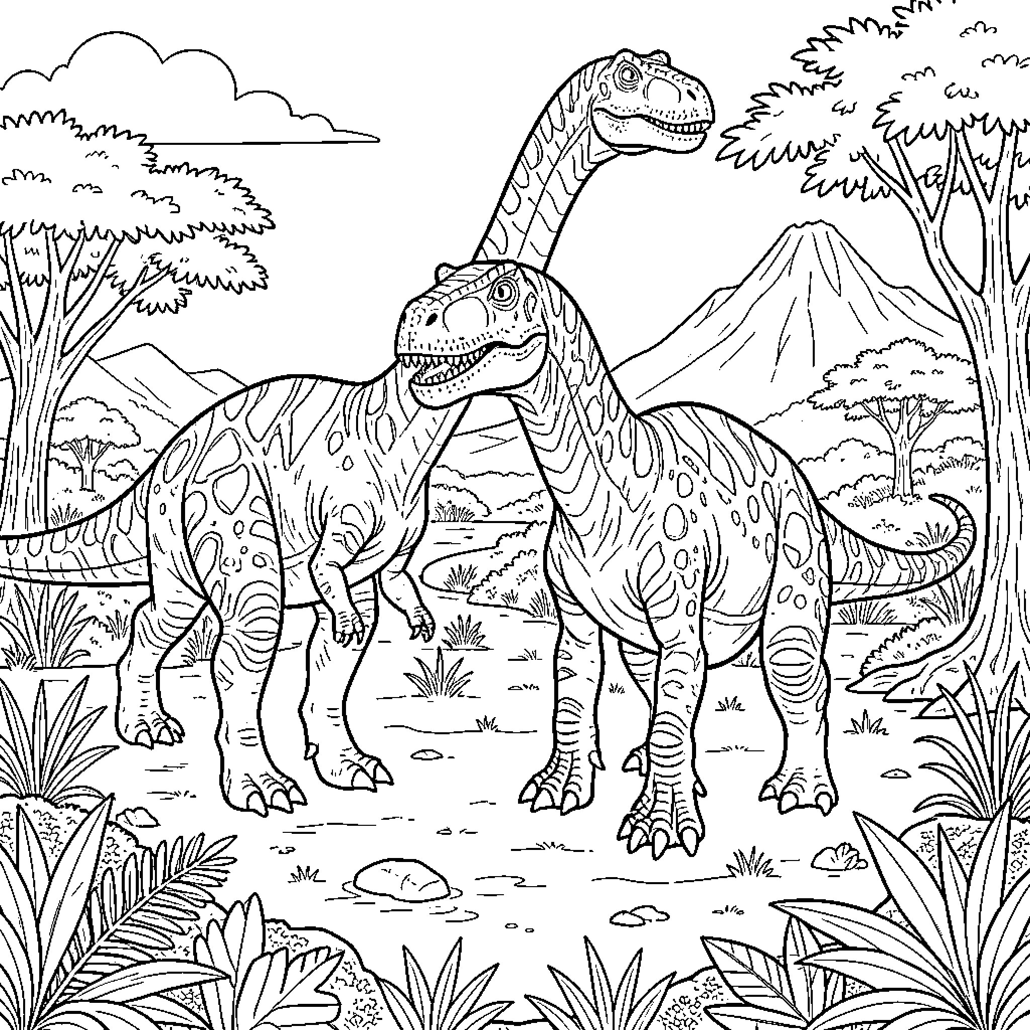 Dinosaur walking together through a prehistoric landscape Coloring Page (free black-and-white line drawing printable PDF for all, from beginners to advanced learners, including children, teens, adults, and seniors)