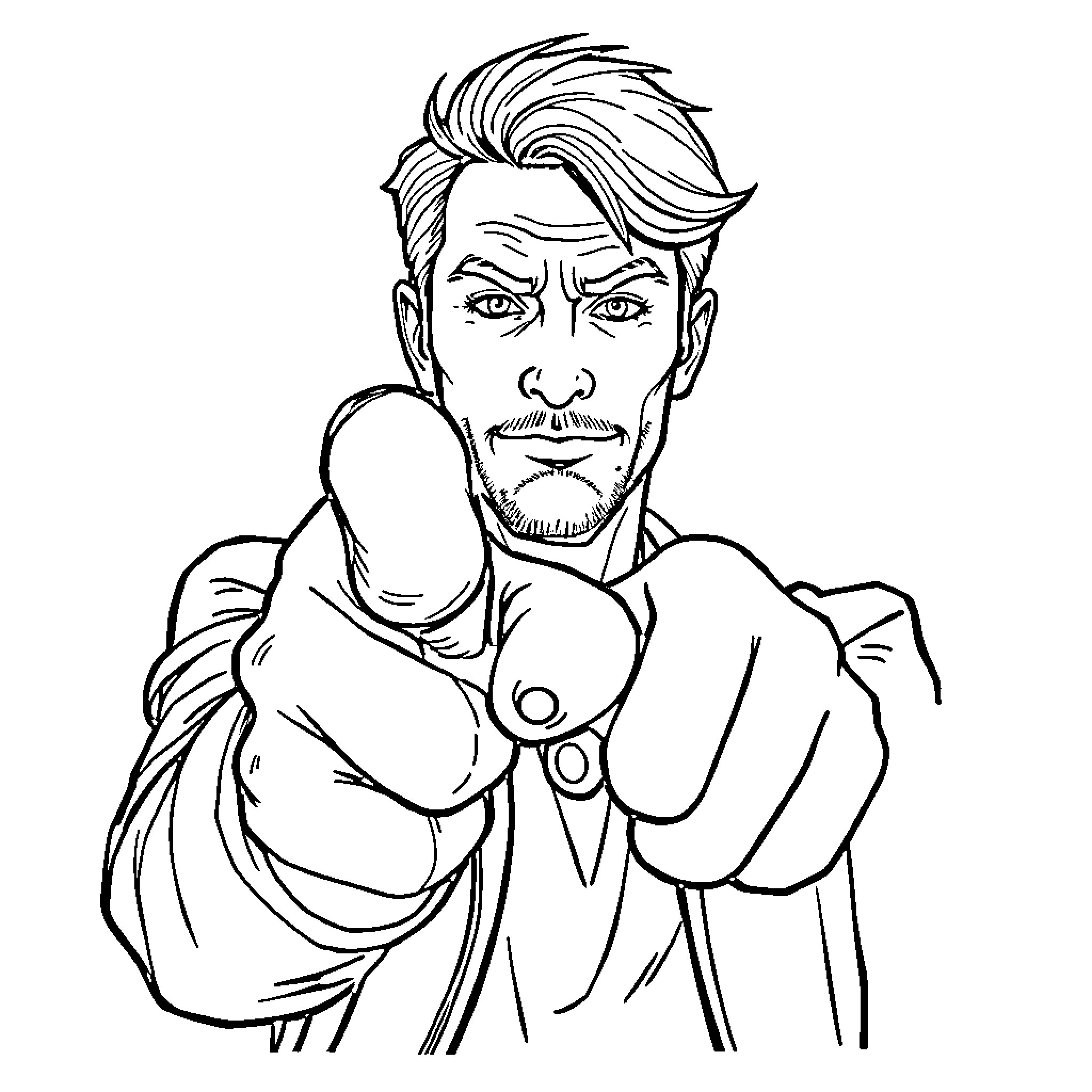 Person in serious expression pointing directly at viewer Coloring Page (free black-and-white line drawing printable PDF for all, from beginners to advanced learners, including children, teens, adults, and seniors)
