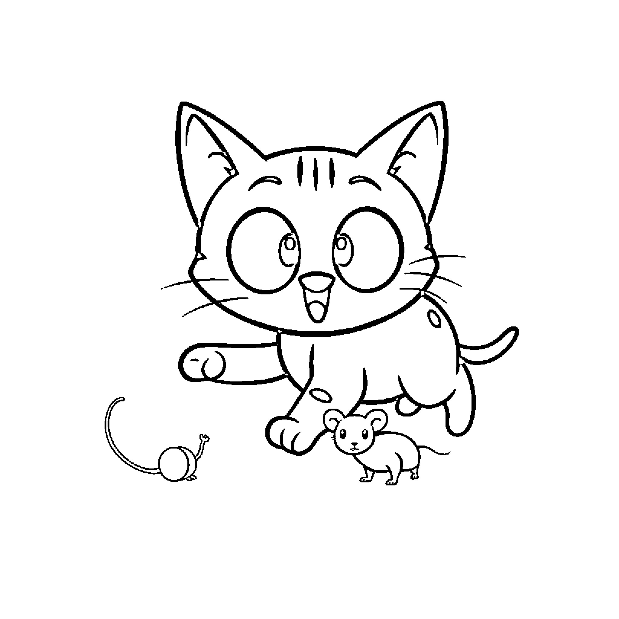 Cat delighted by tiny mouse companion Coloring Page (free black-and-white line drawing printable PDF for all, from beginners to advanced learners, including children, teens, adults, and seniors)