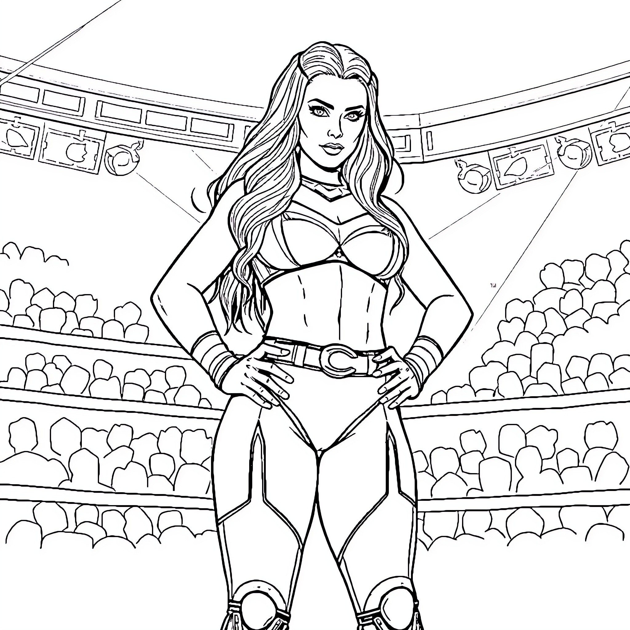 Cora Jade stands confidently in the wrestling arena Coloring Page (free black-and-white line drawing printable PDF for all, from beginners to advanced learners, including children, teens, adults, and seniors)